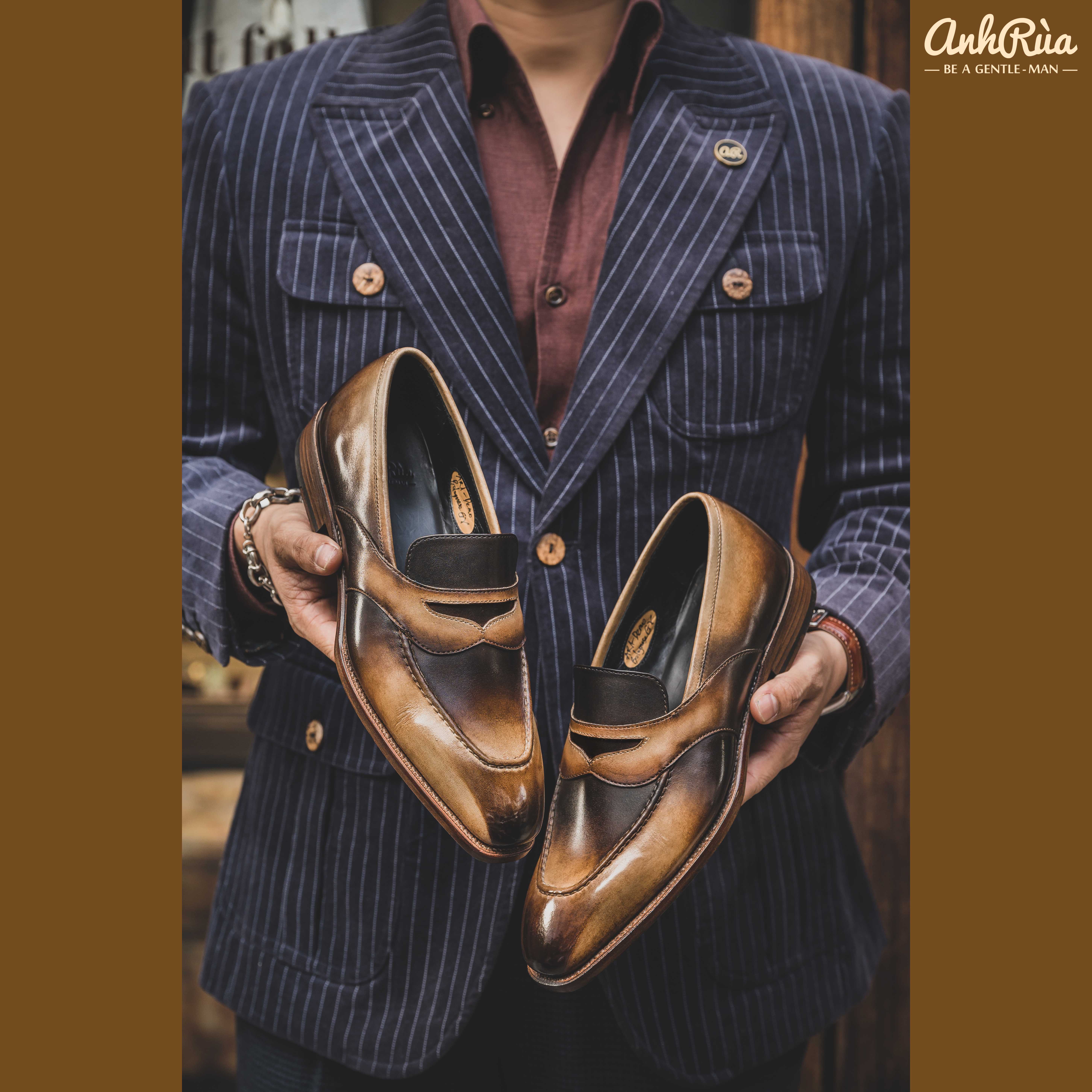Giày Lười Nam Penny Loafers Beige Deep-Shaded Patina Anh Rùa