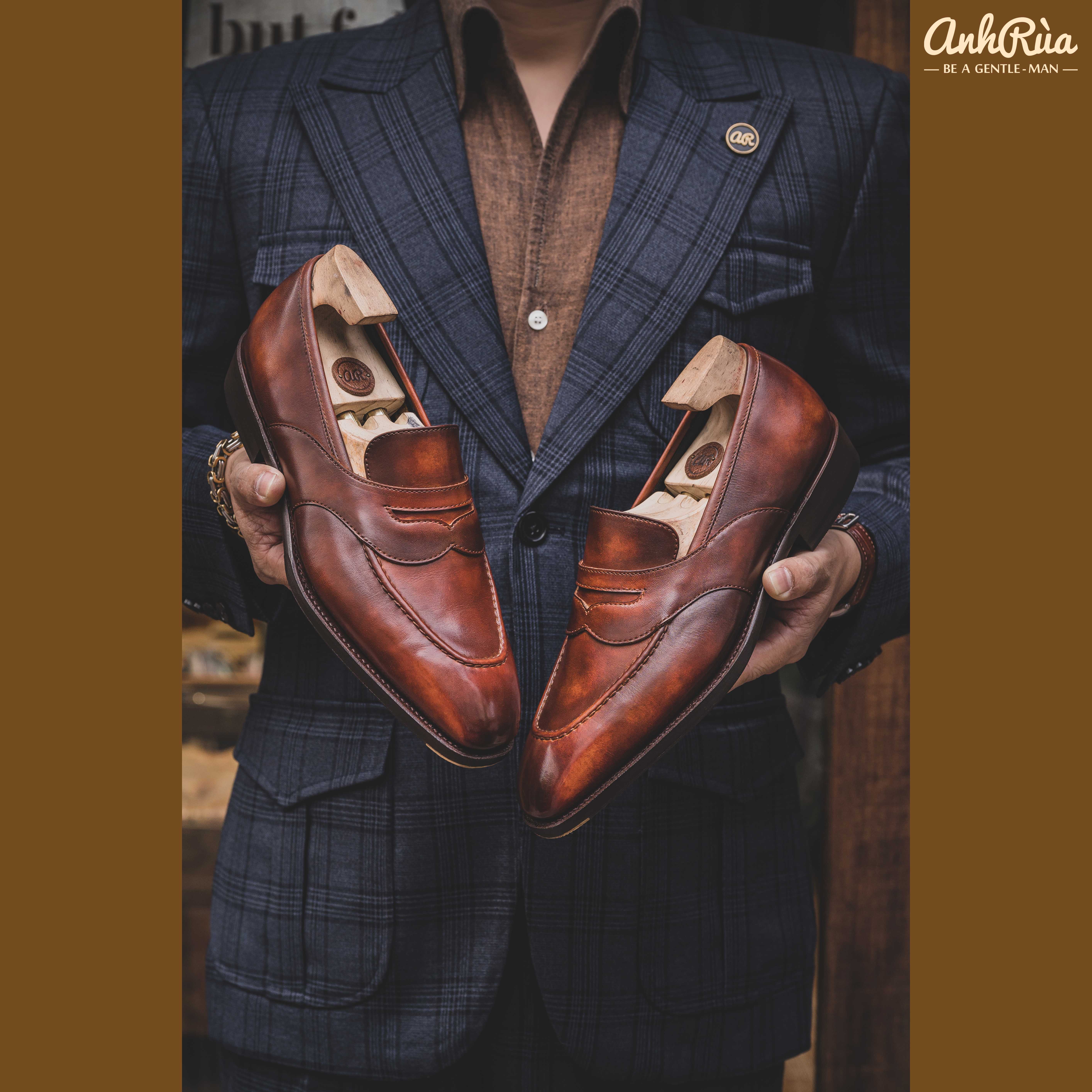 Giày Lười Nam Penny Loafers Brown Museum Shaded Patina Anh Rùa