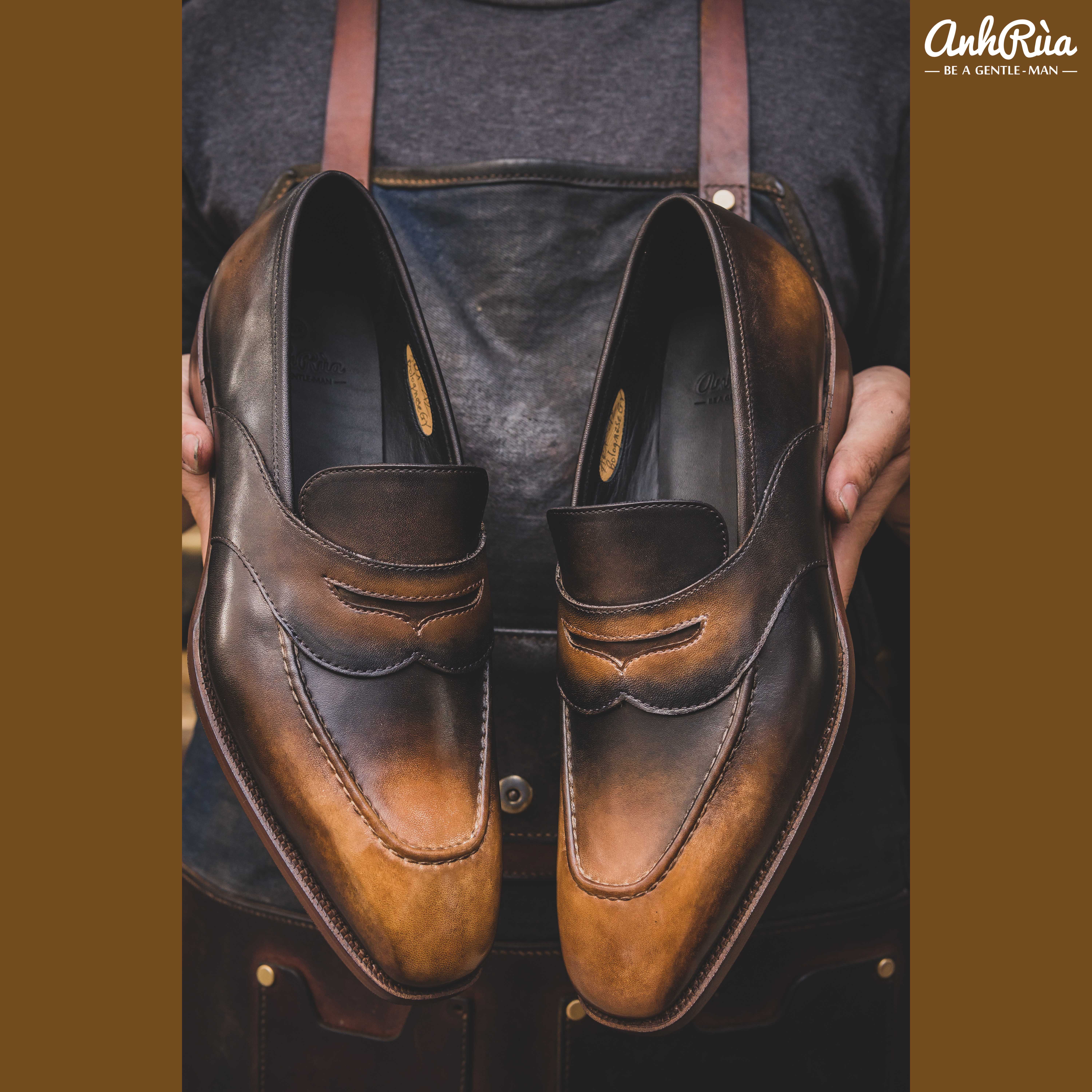 Giày Lười Nam Penny Loafers Brown Shaded Patina Anh Rùa