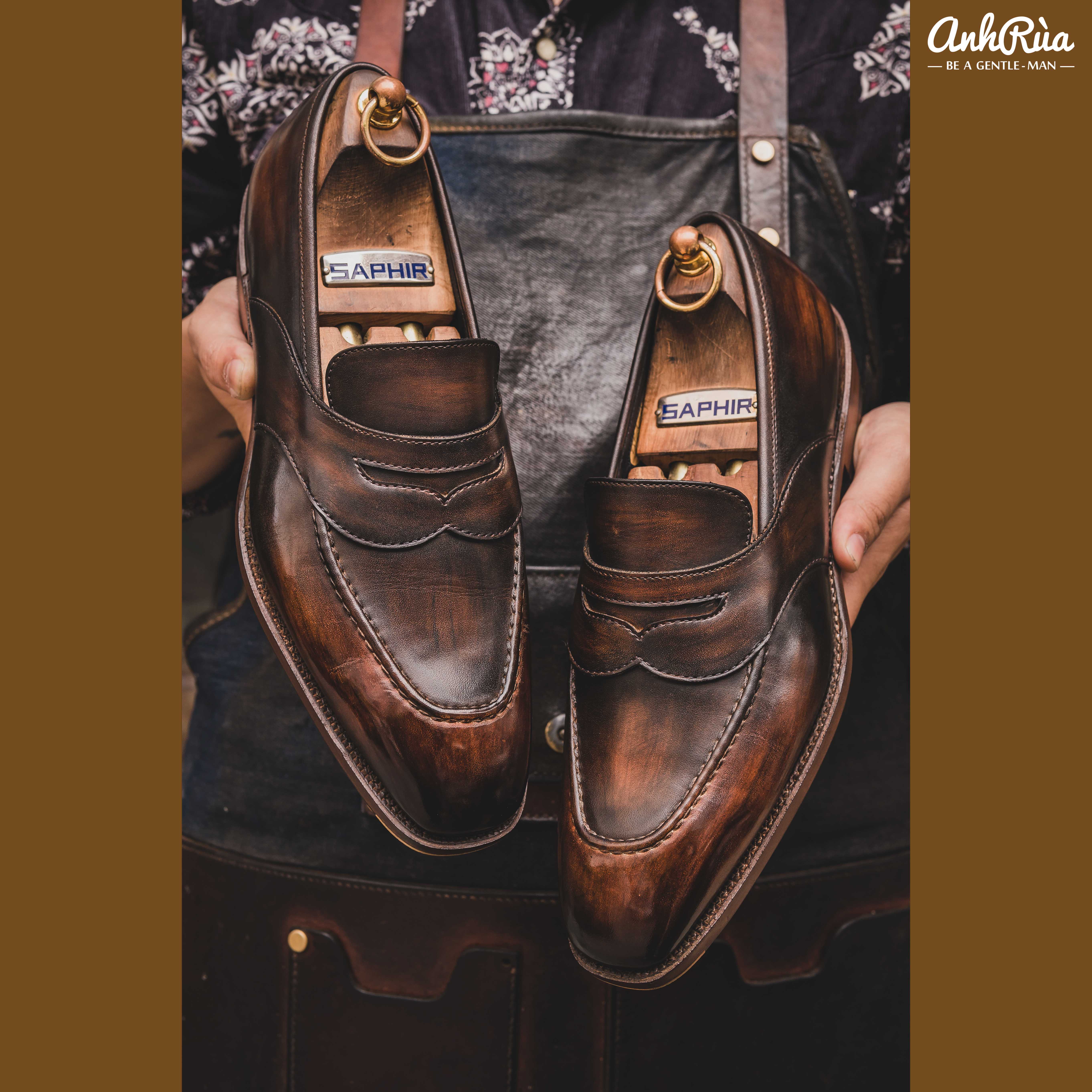 Giày Lười Nam Penny Loafers Brown Wood-Grain Patina Anh Rùa