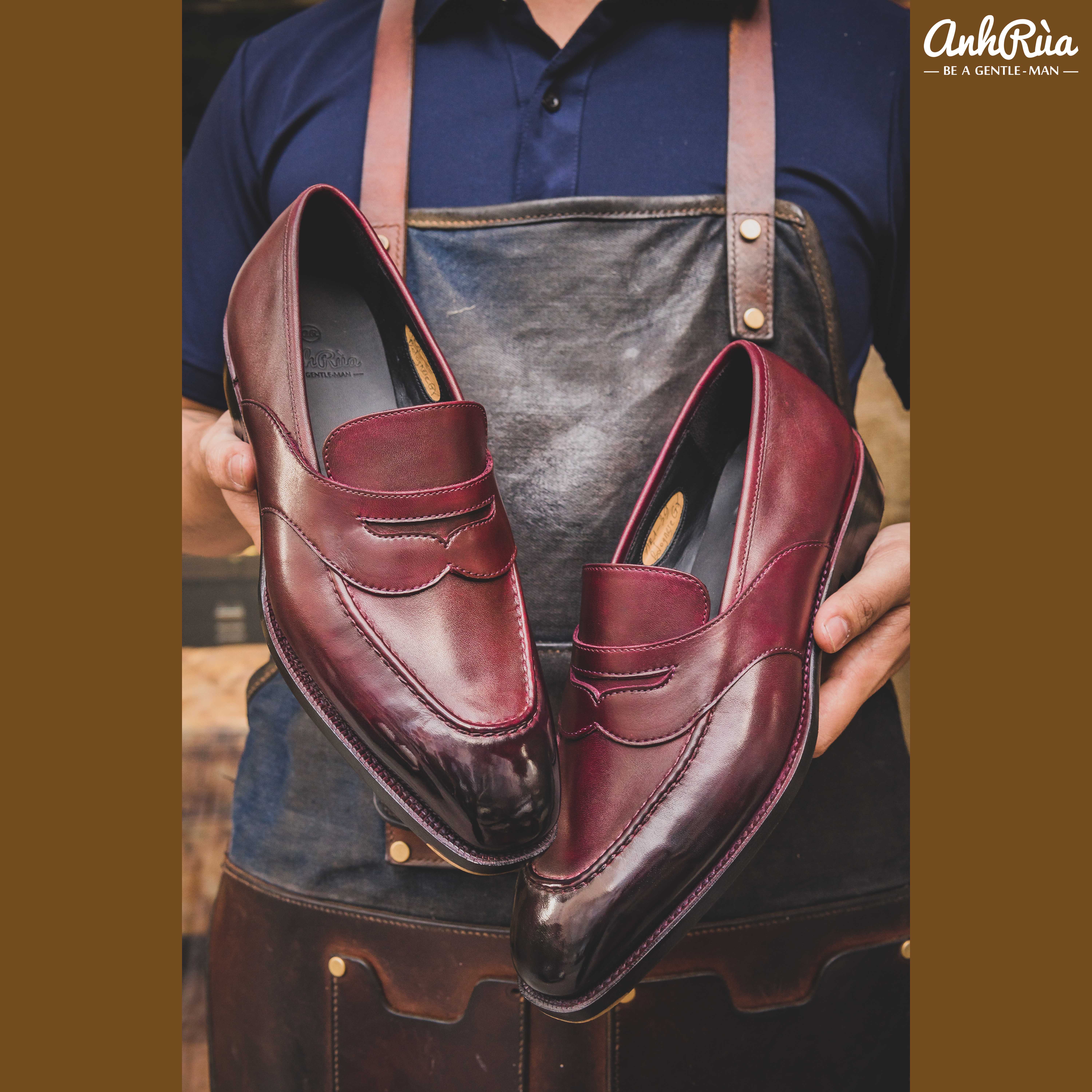 Giày lười nam Penny Loafers Burgundy Deep-Shaded Patina Anh Rùa