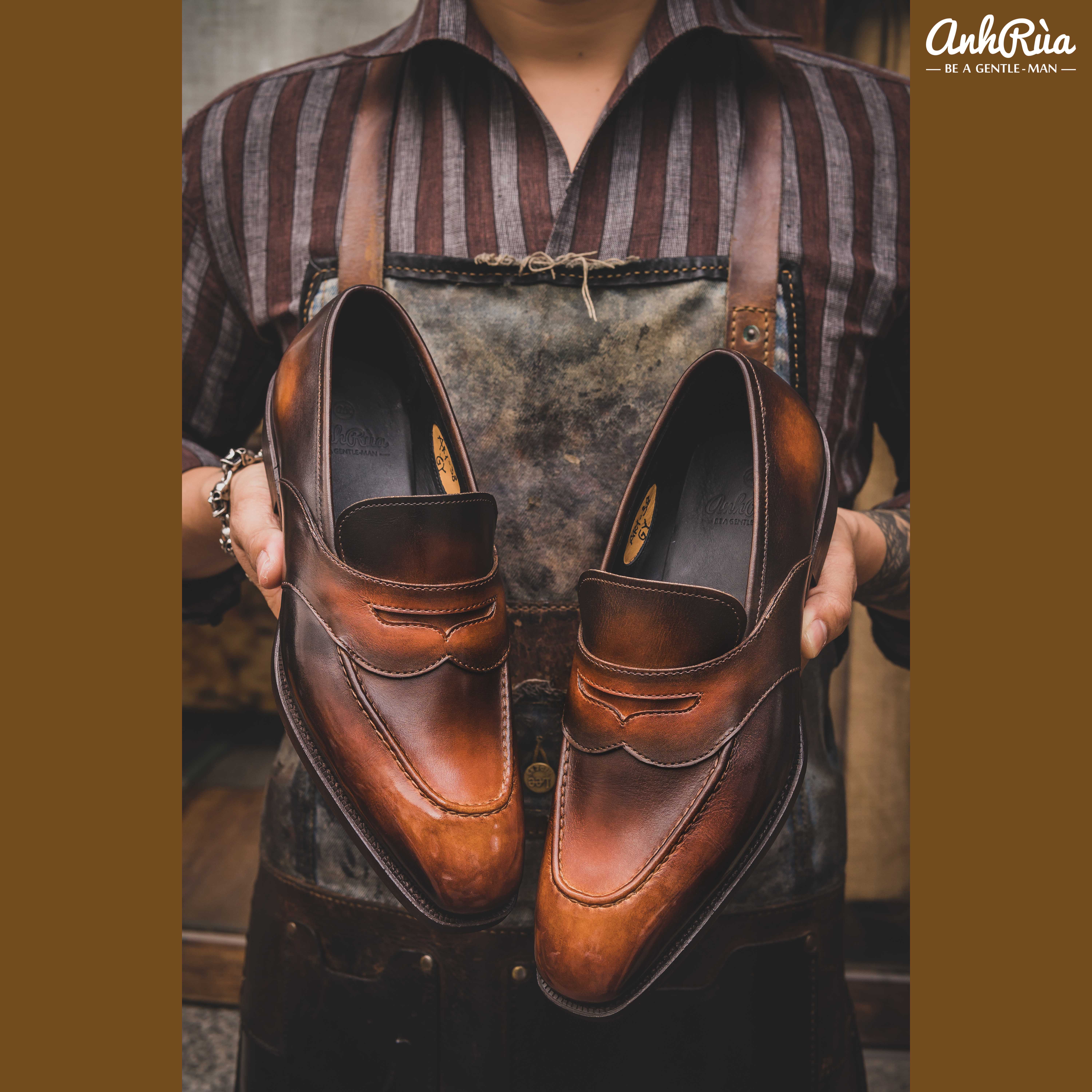 Giày Lười Nam Penny Loafers Cognac Shaded Patina Anh Rùa