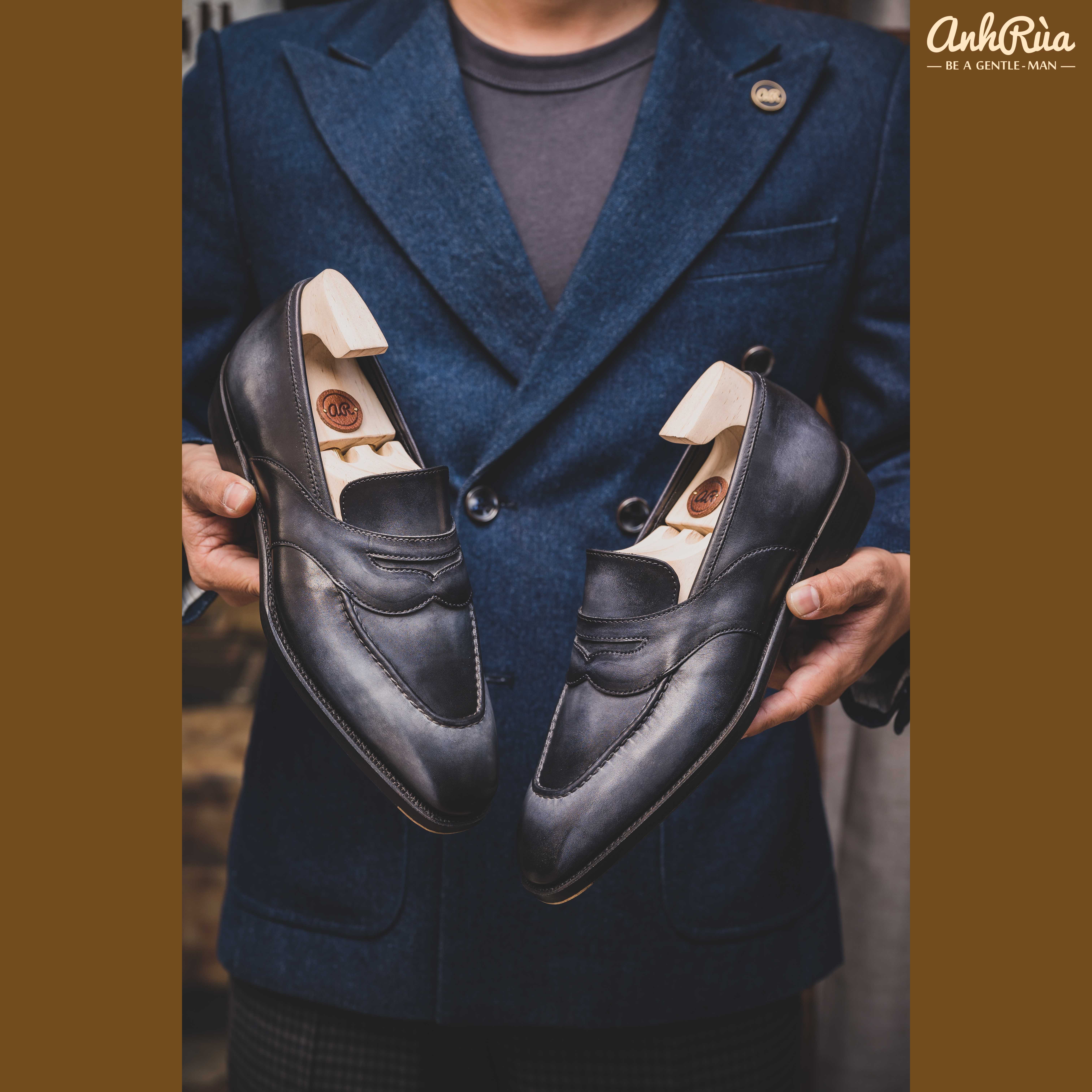 Giày Lười Nam Penny Loafers Grey Deep-Shaded Patina Anh Rùa