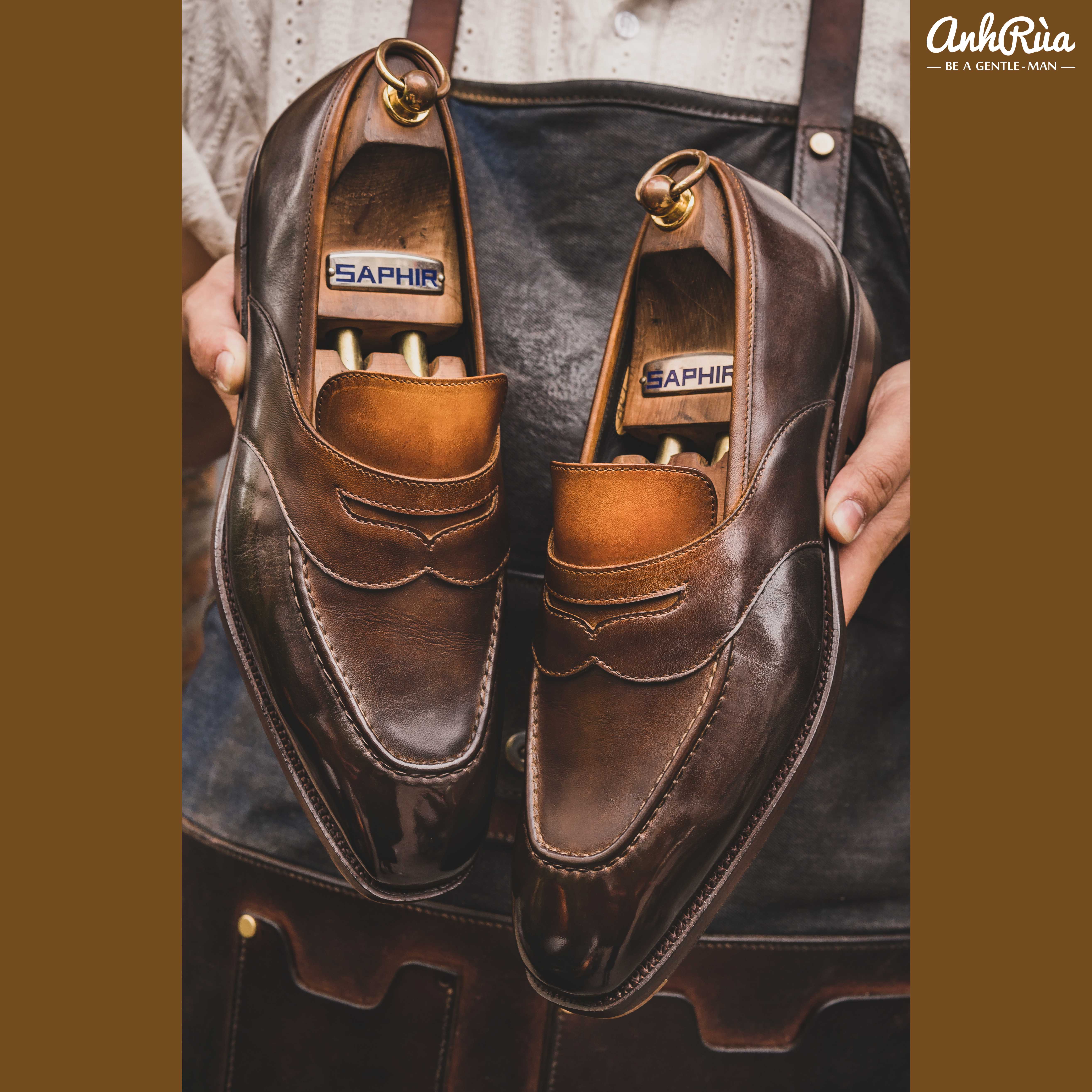 Giày Lười Nam Penny Loafers Light Brown Shaded Patina Anh Rùa