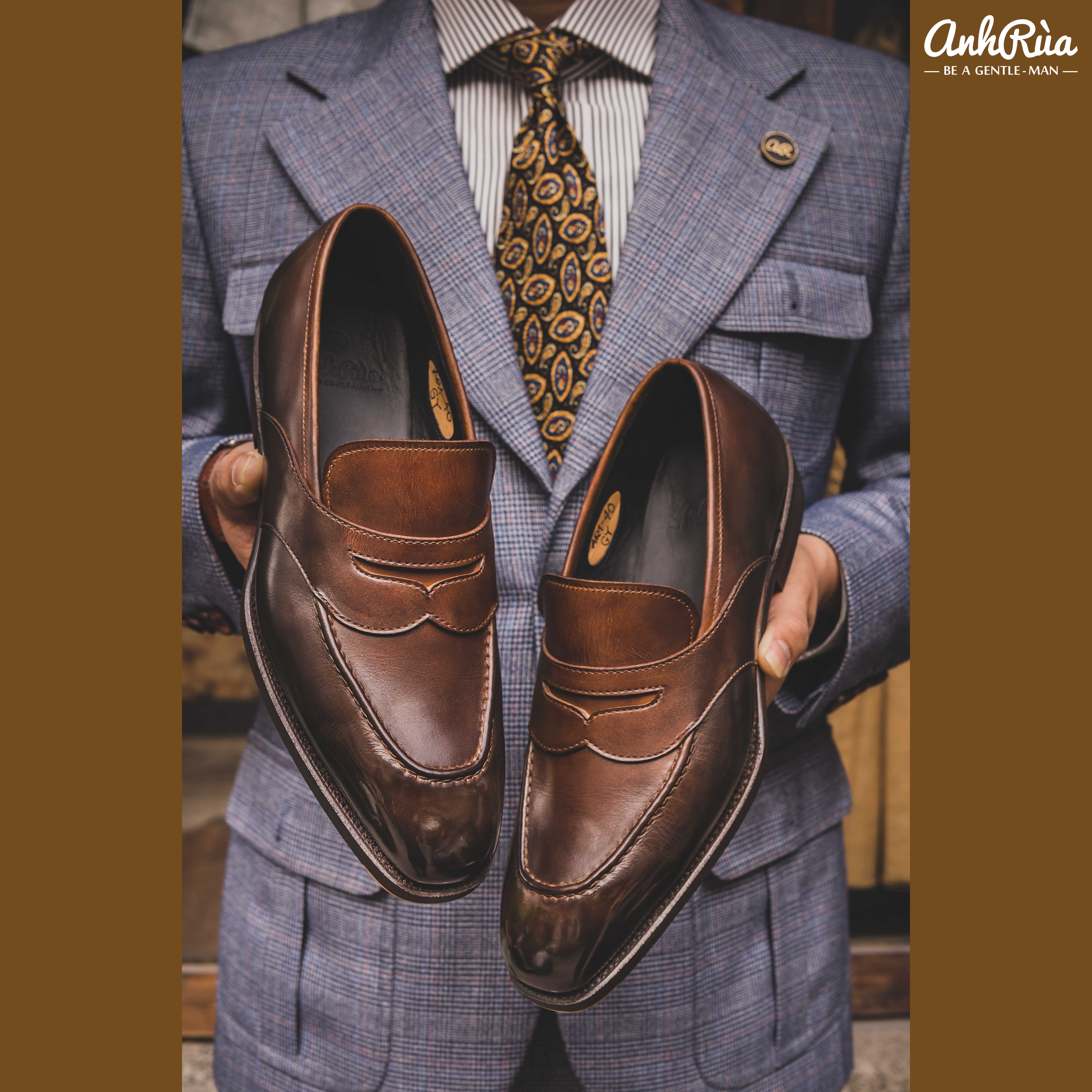 Giày Lười Nam Penny Loafers Medium Brown Shaded Patina Anh Rùa