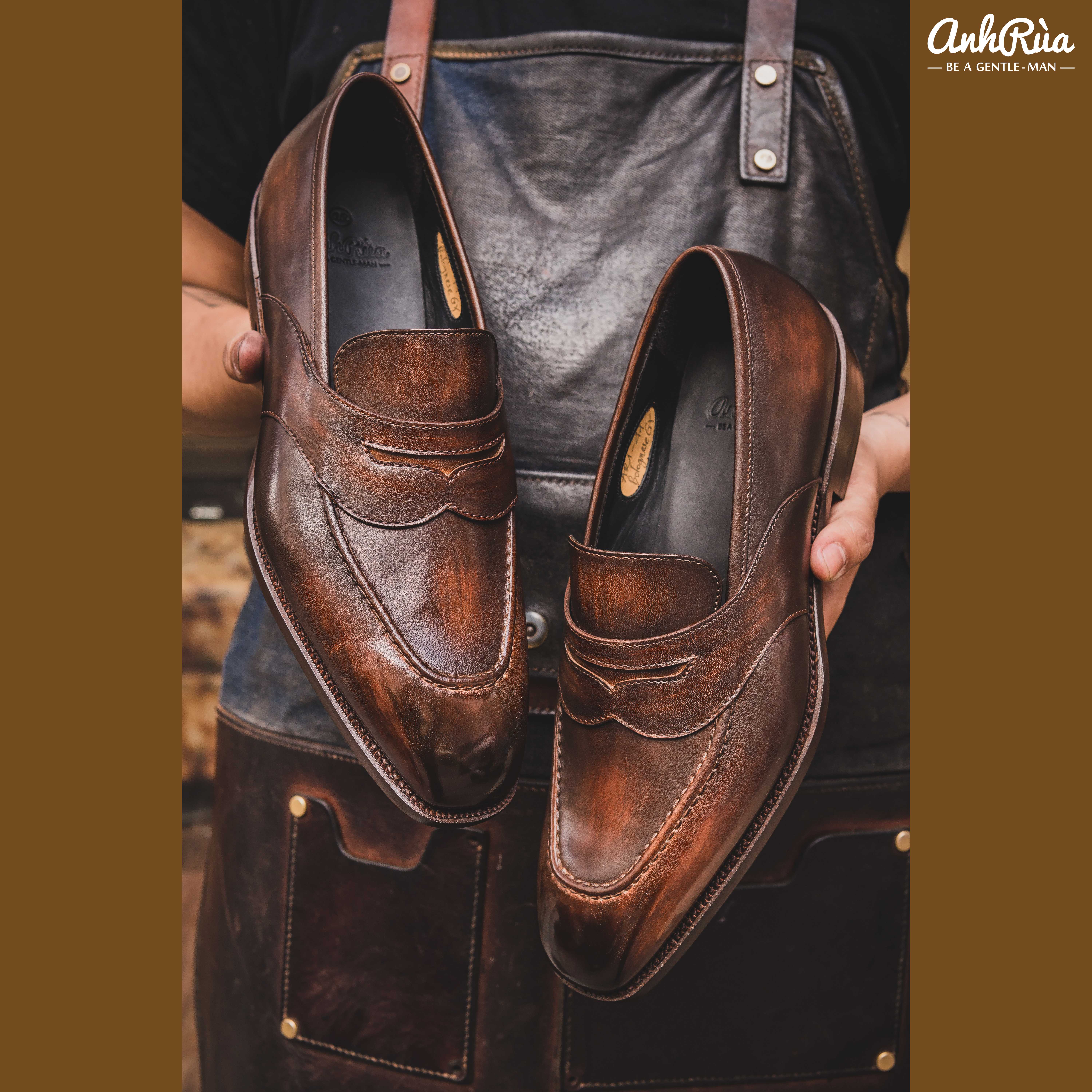 Giày Lười Nam Penny Loafers Medium Brown Wood-Grain Patina Anh Rùa