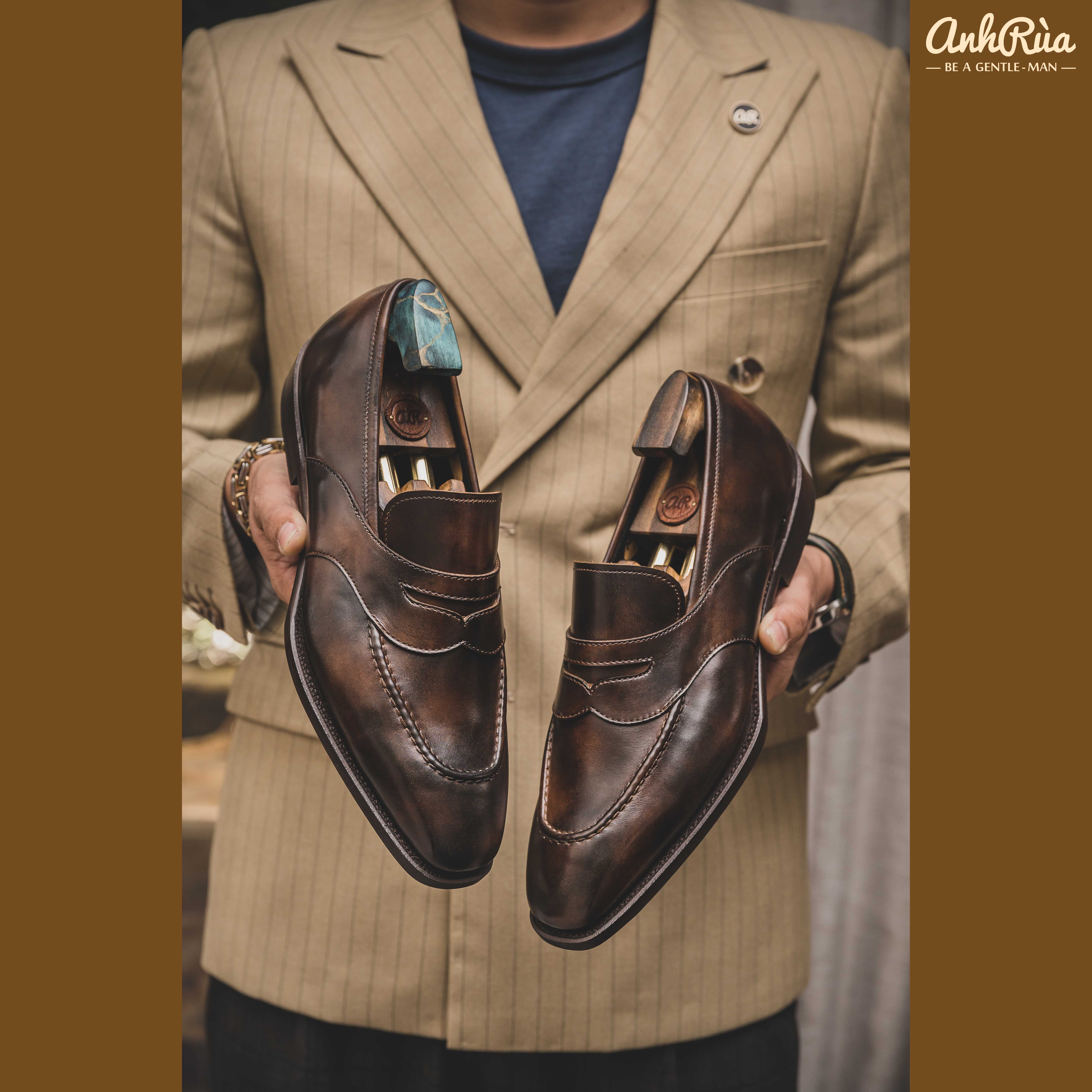 Giày Lười Nam Penny Loafers Museum Dark Brown Patina Anh Rùa