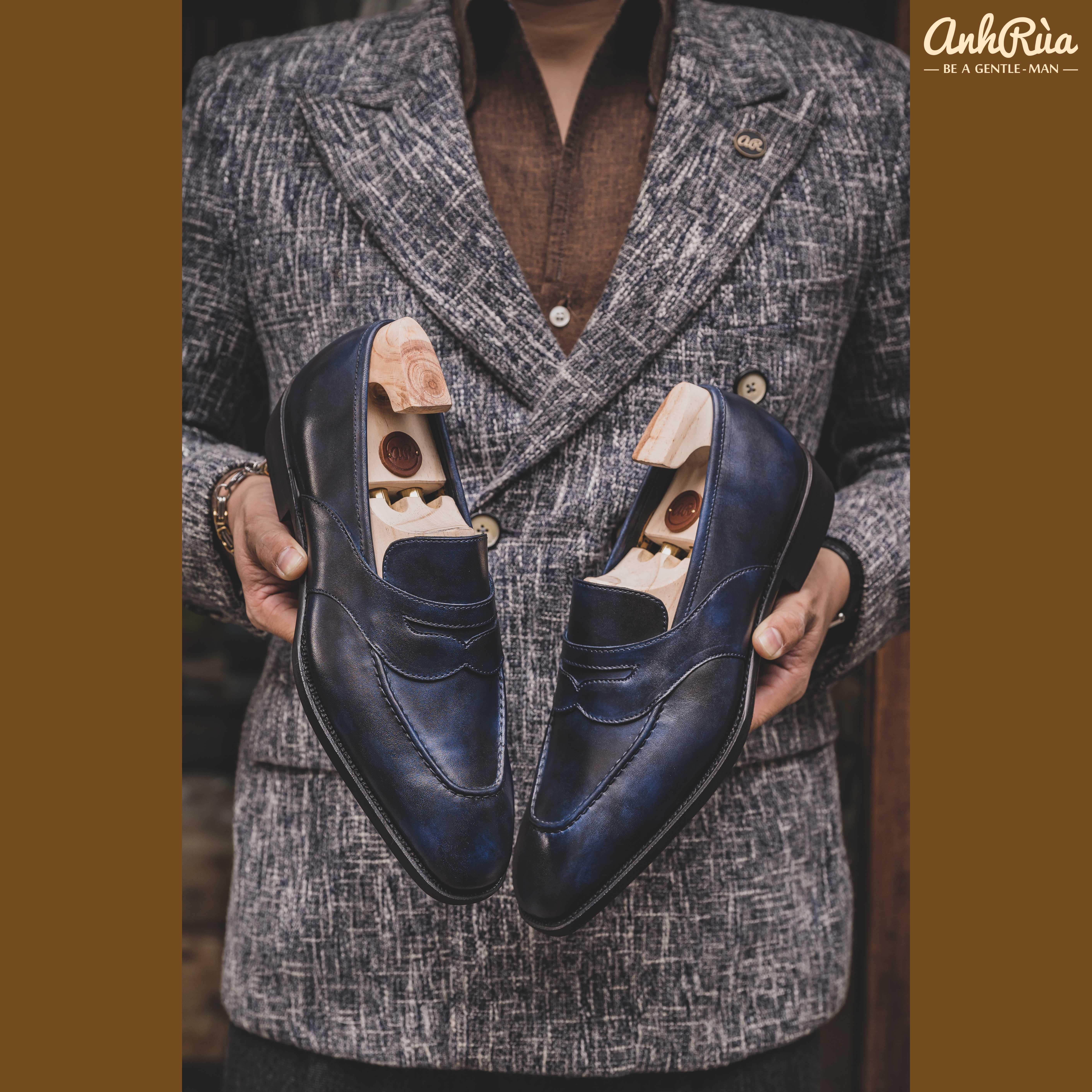 Giày Lười Nam Penny Loafers Museum Navy Patina Anh Rùa