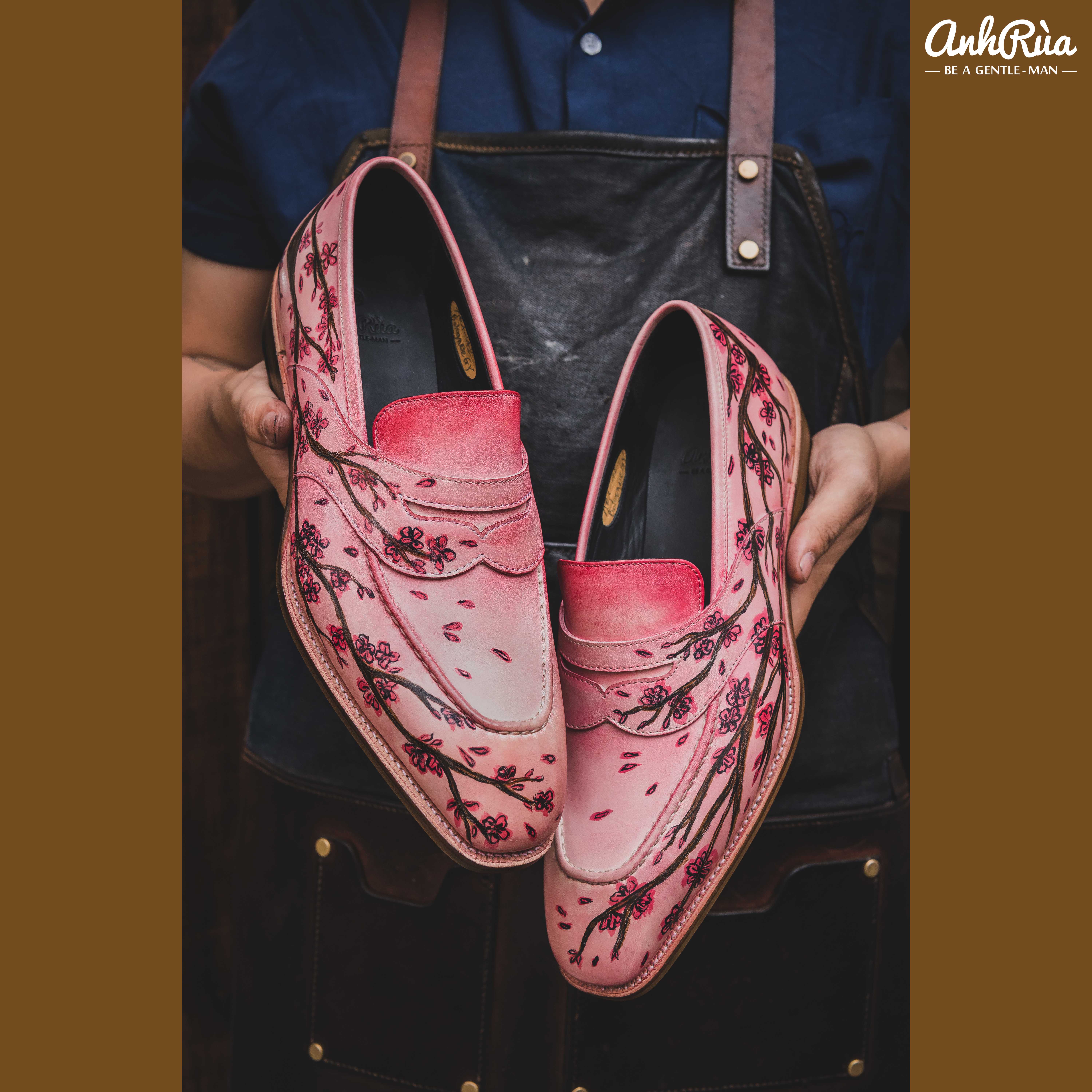 Giày Lười Nam Penny Loafers Pink Shaded Floral Patina Anh Rùa