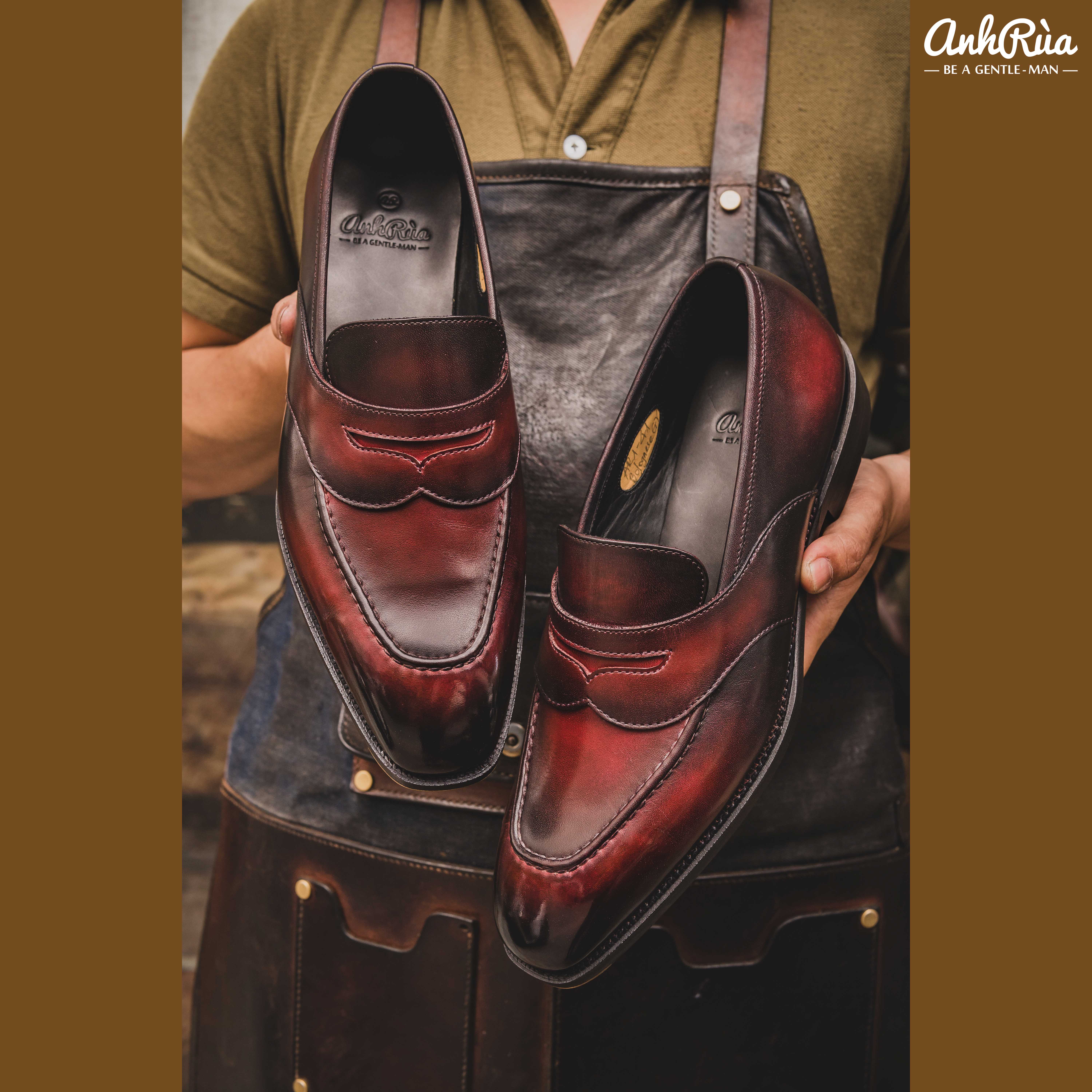 Giày Lười Nam Penny Loafers Red Shaded Patina Anh Rùa