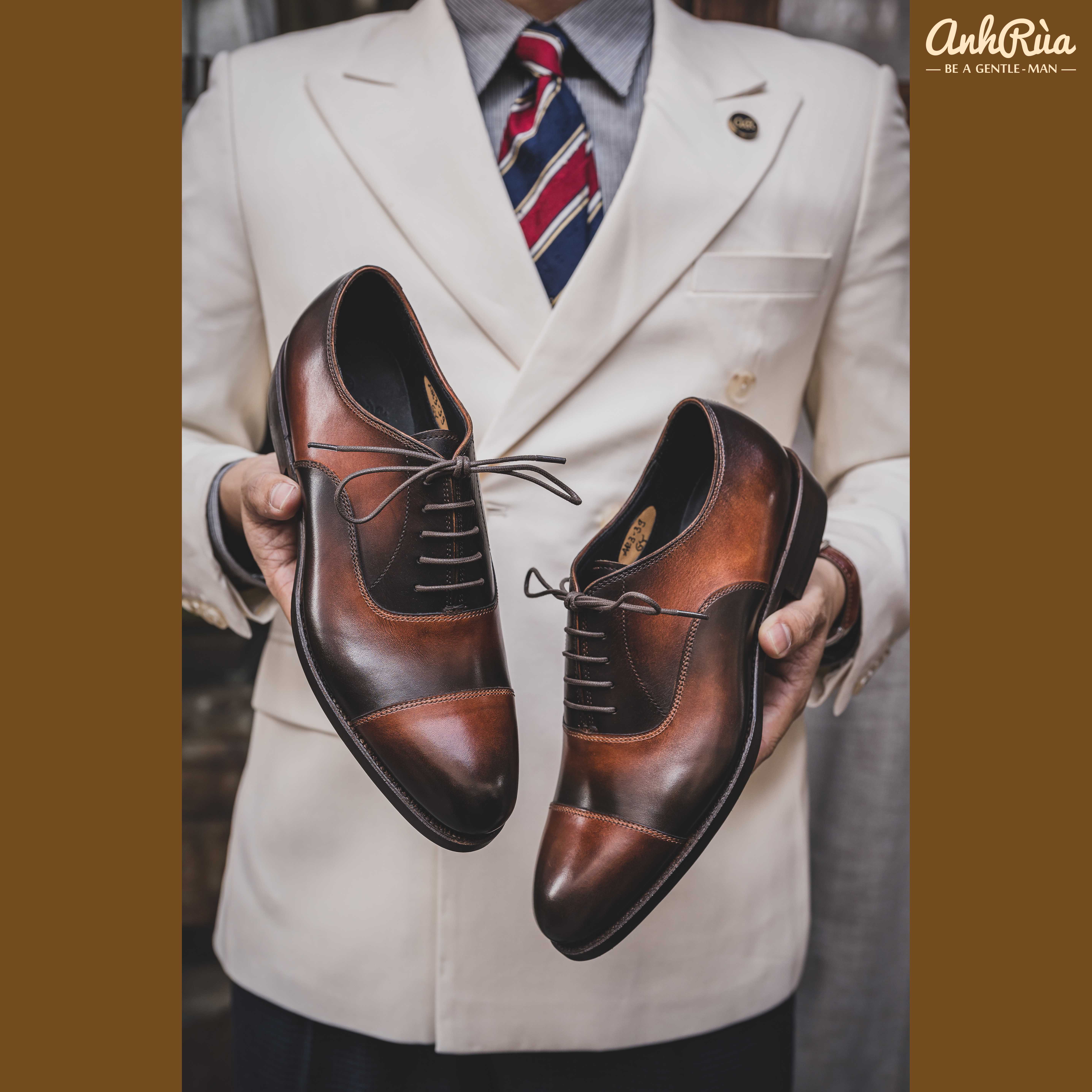 Giày Tây Nam Cap Toe Oxfords Cognac Deep-Shaded Patina Anh Rùa