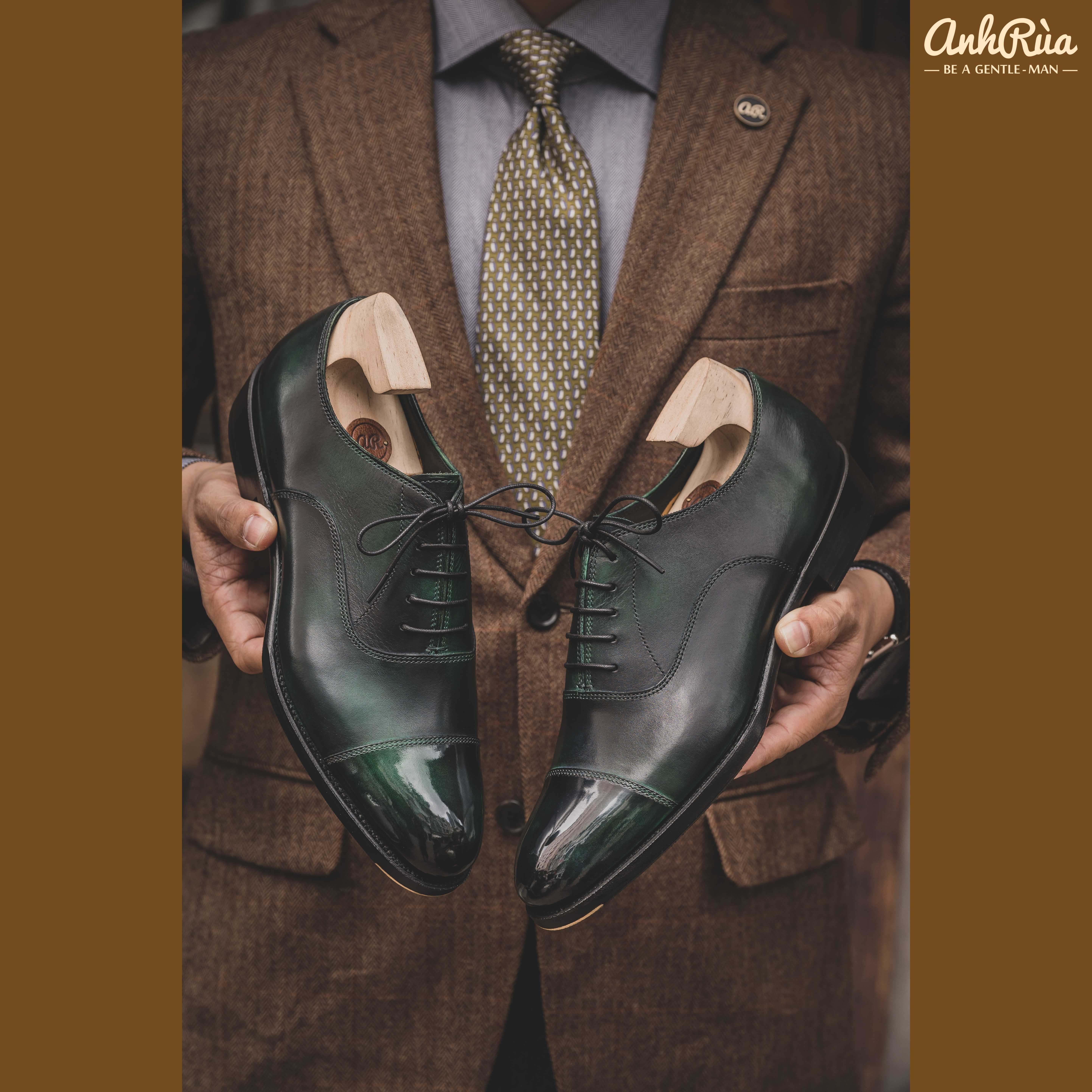 Giày Tây Nam Cap Toe Oxfords Green Museum Patina Anh Rùa