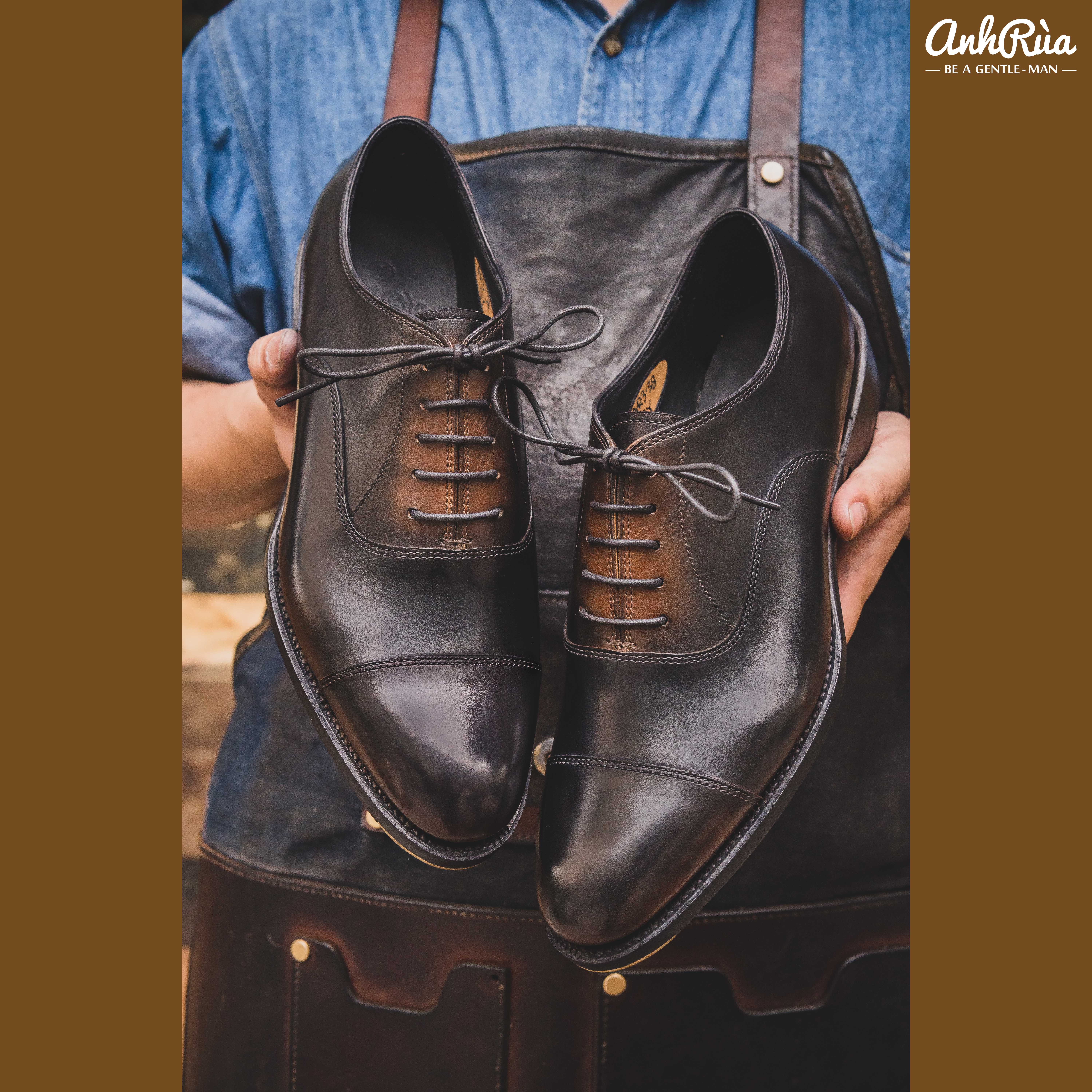 Giày Tây Nam Cap Toe Oxfords Medium Brown Shaded Patina Anh Rùa