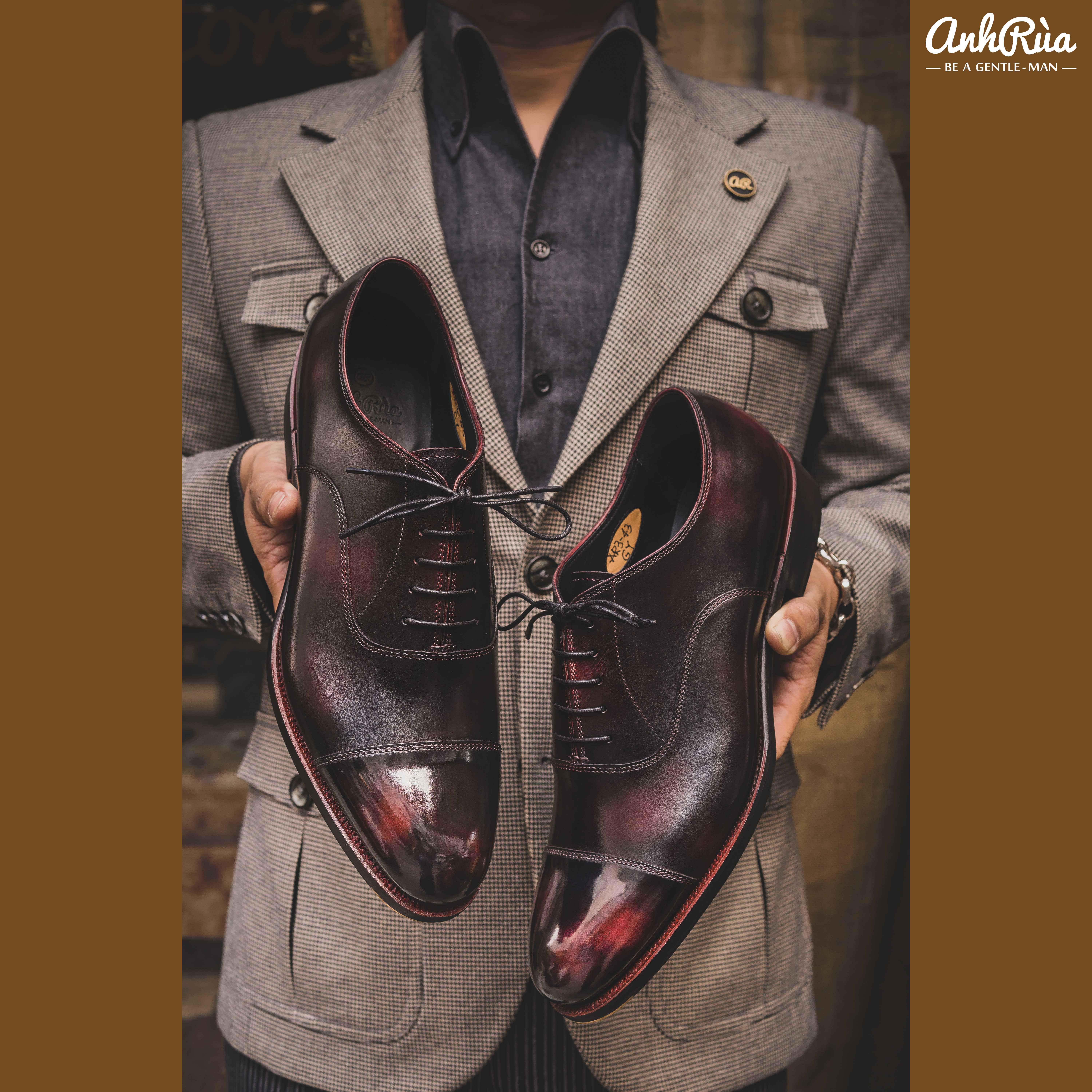 Giày Tây Nam Cap Toe Oxfords Burgundy Museum Patina Anh Rùa