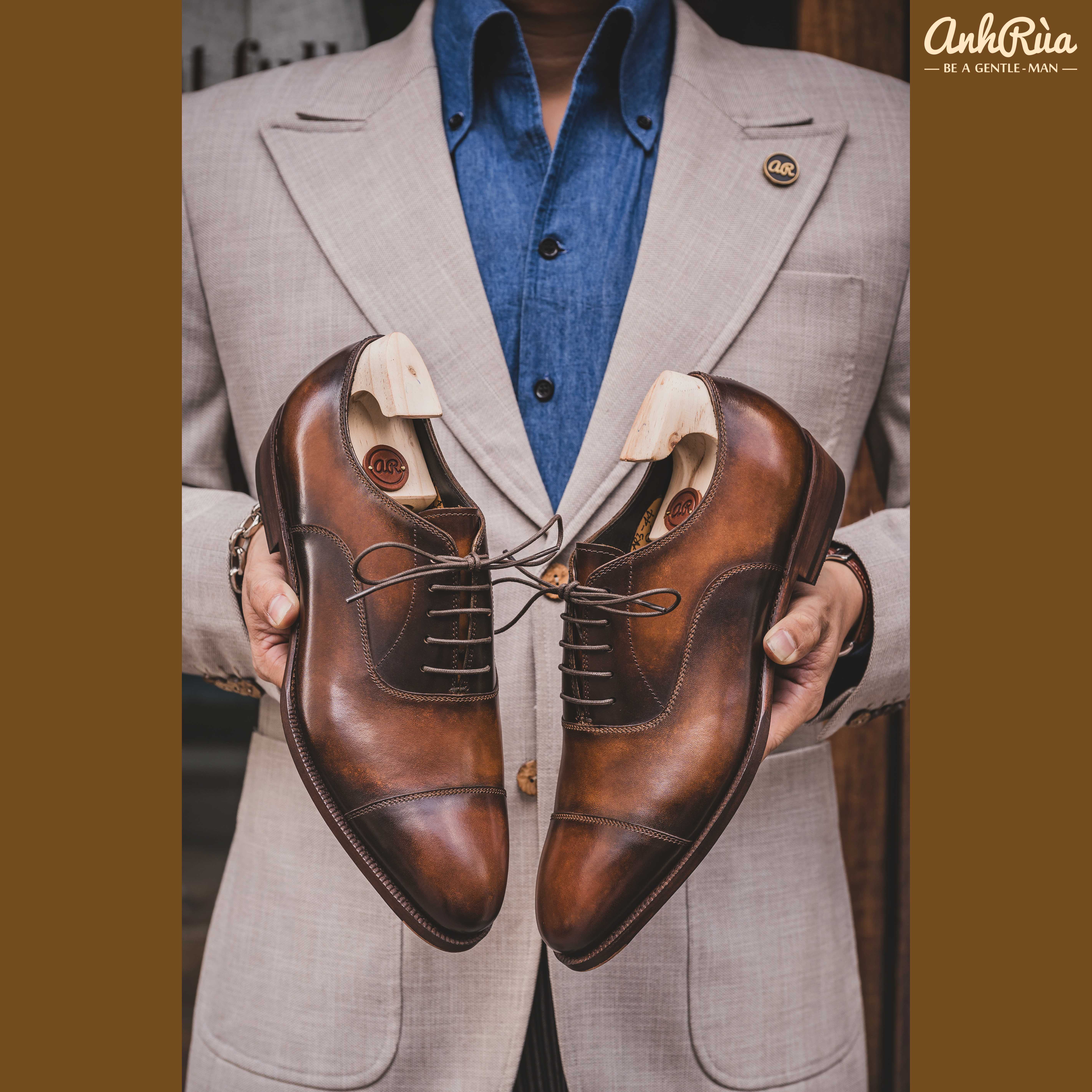 Giày Tây Nam Cap Toe Oxfords Tobacco Brown Deep-Shaded Patina Anh Rùa