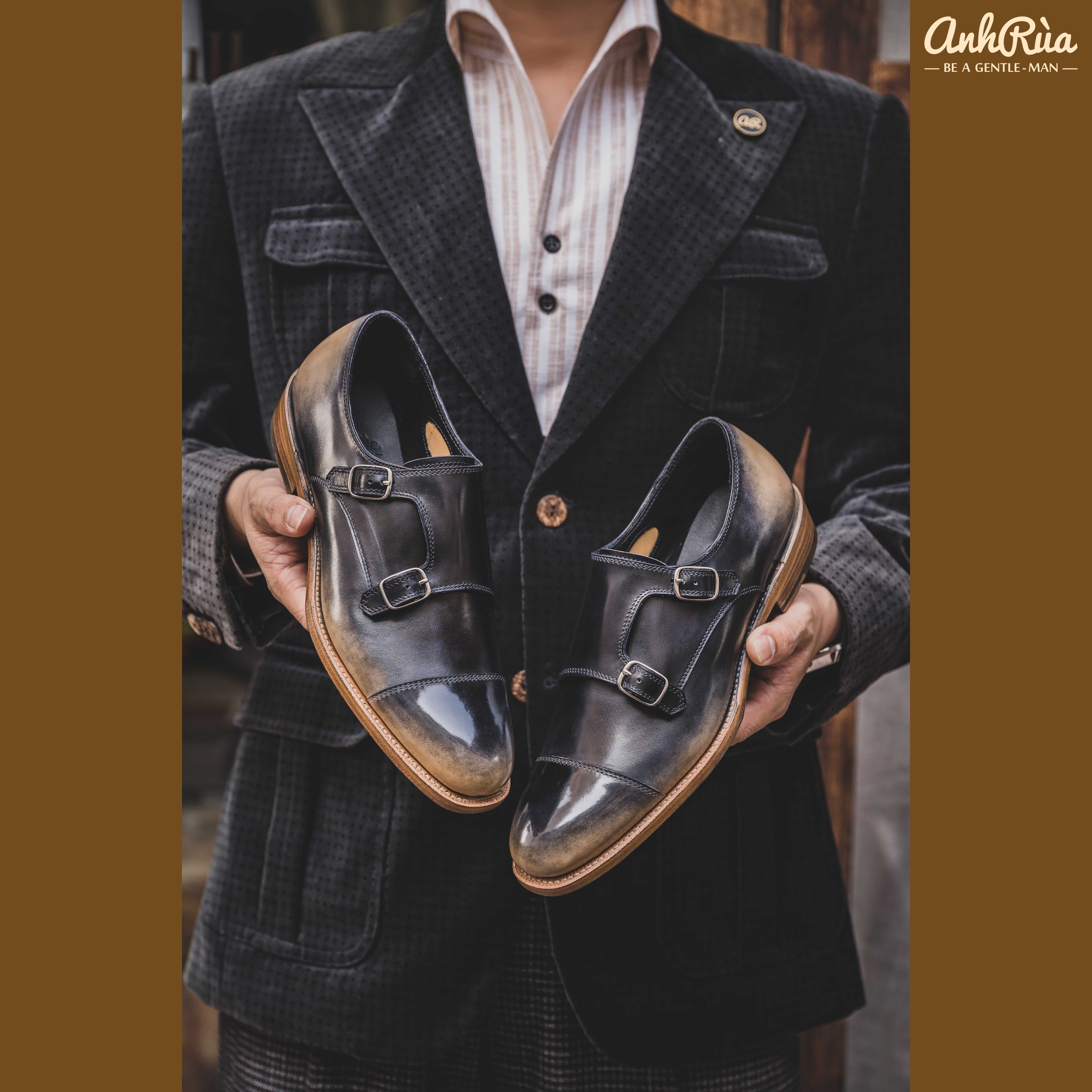 Giày Tây Nam Double Monkstrap Black Beige Deep-Shaded Patina Anh Rùa