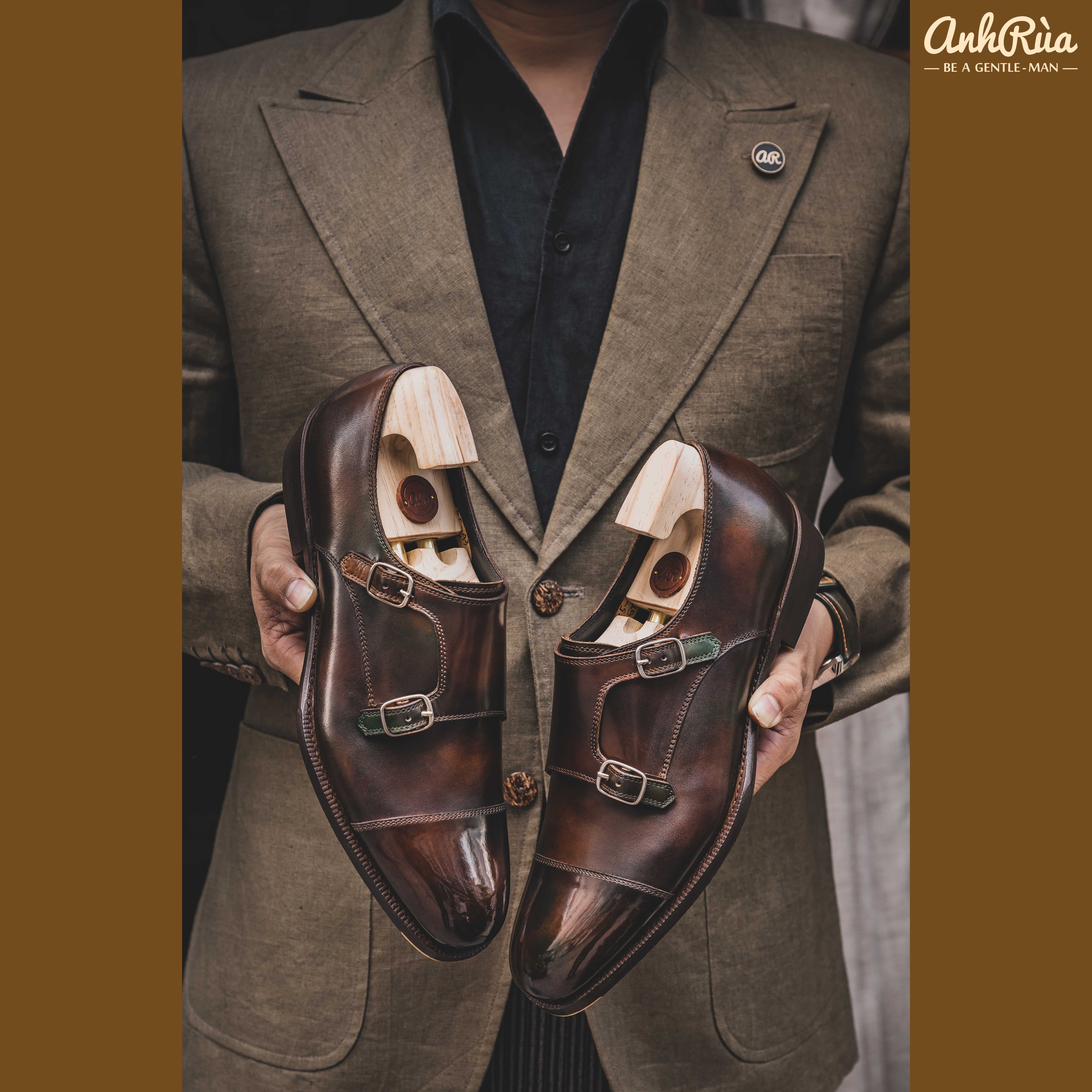 Giày Tây Nam Double Monkstrap Brown Green Museum Patina Anh Rùa