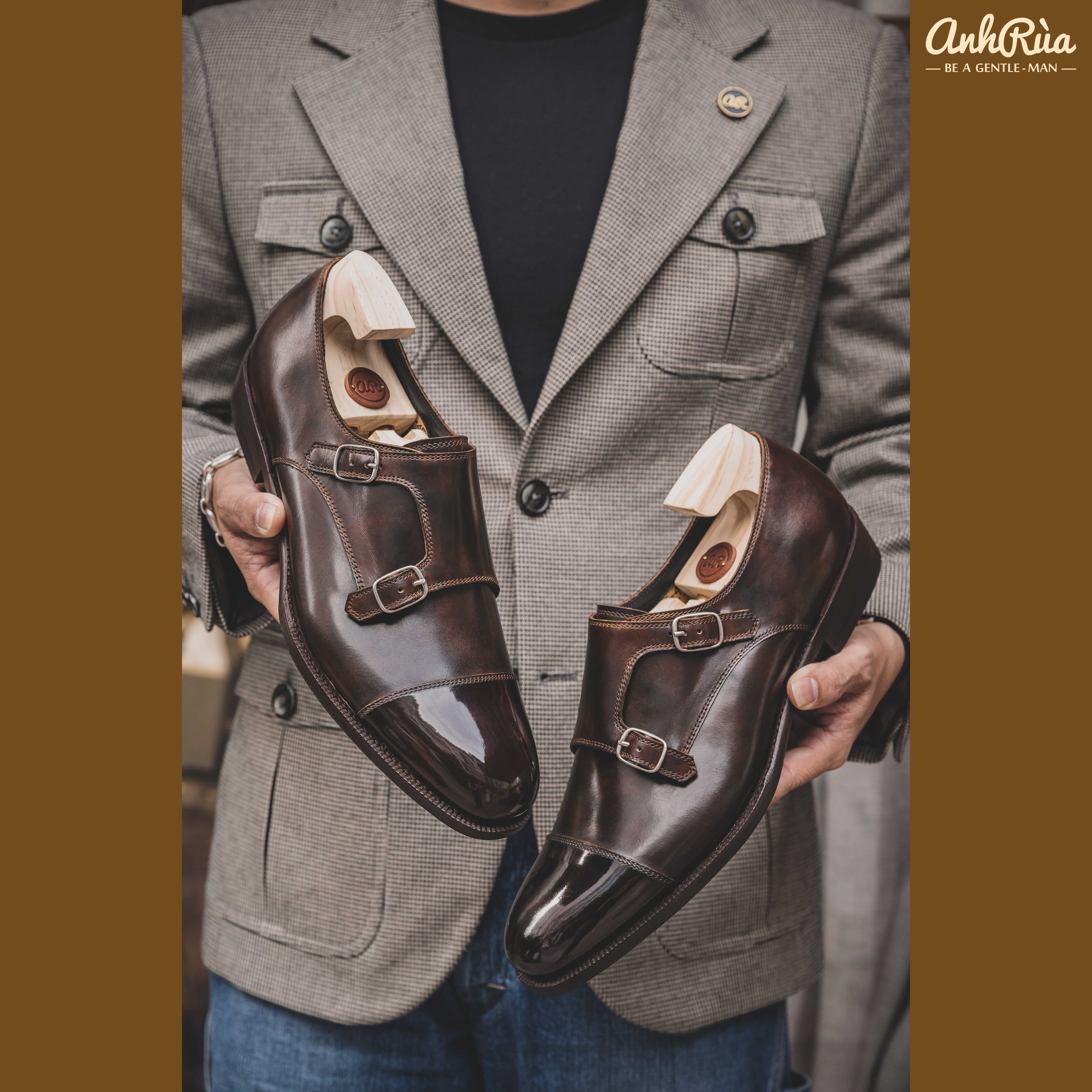 Giày Tây Nam Double Monkstrap Dark Brown Museum Patina Anh Rùa