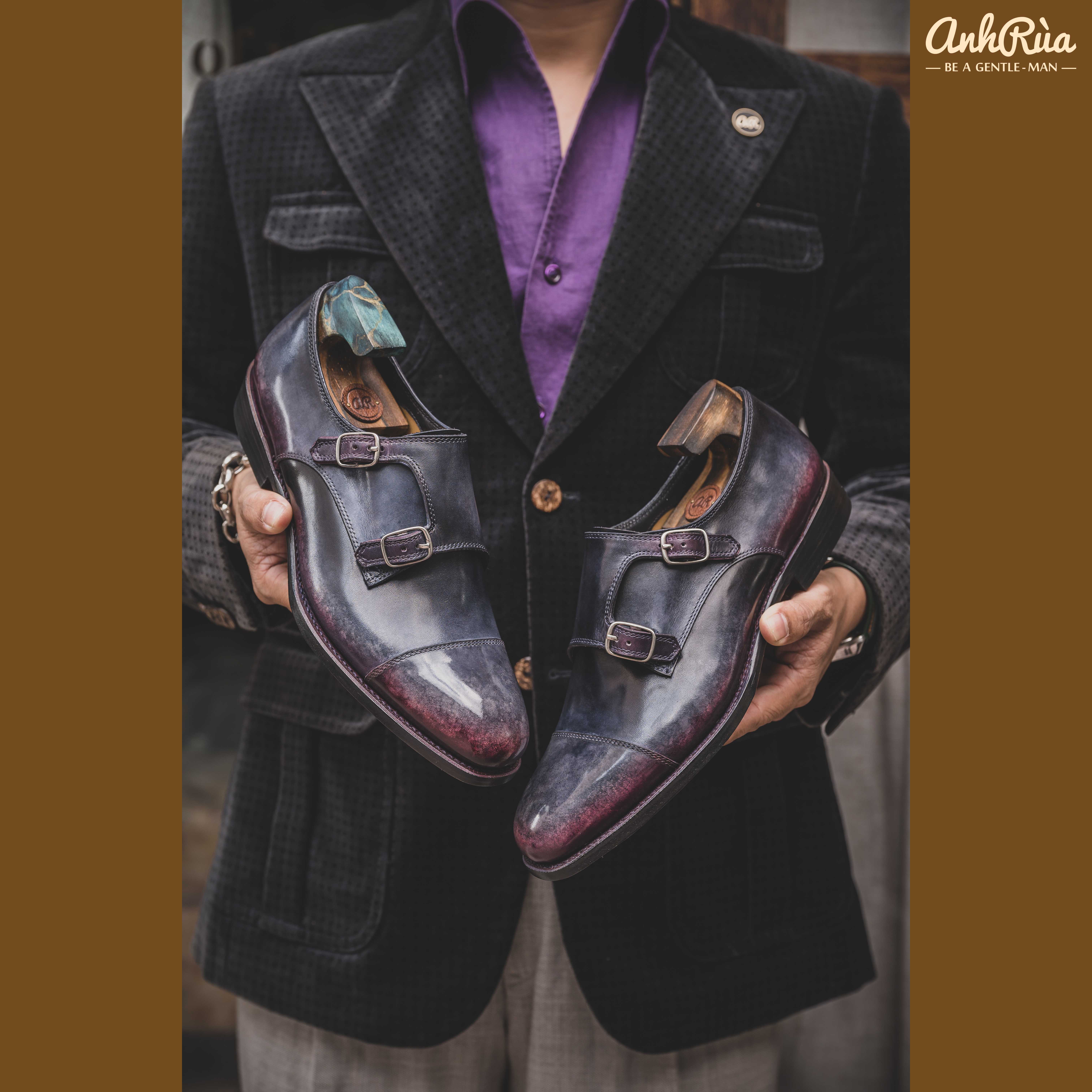 Giày Tây Nam Double Monkstrap Grey Purple Marble Shaded Patina Anh Rùa