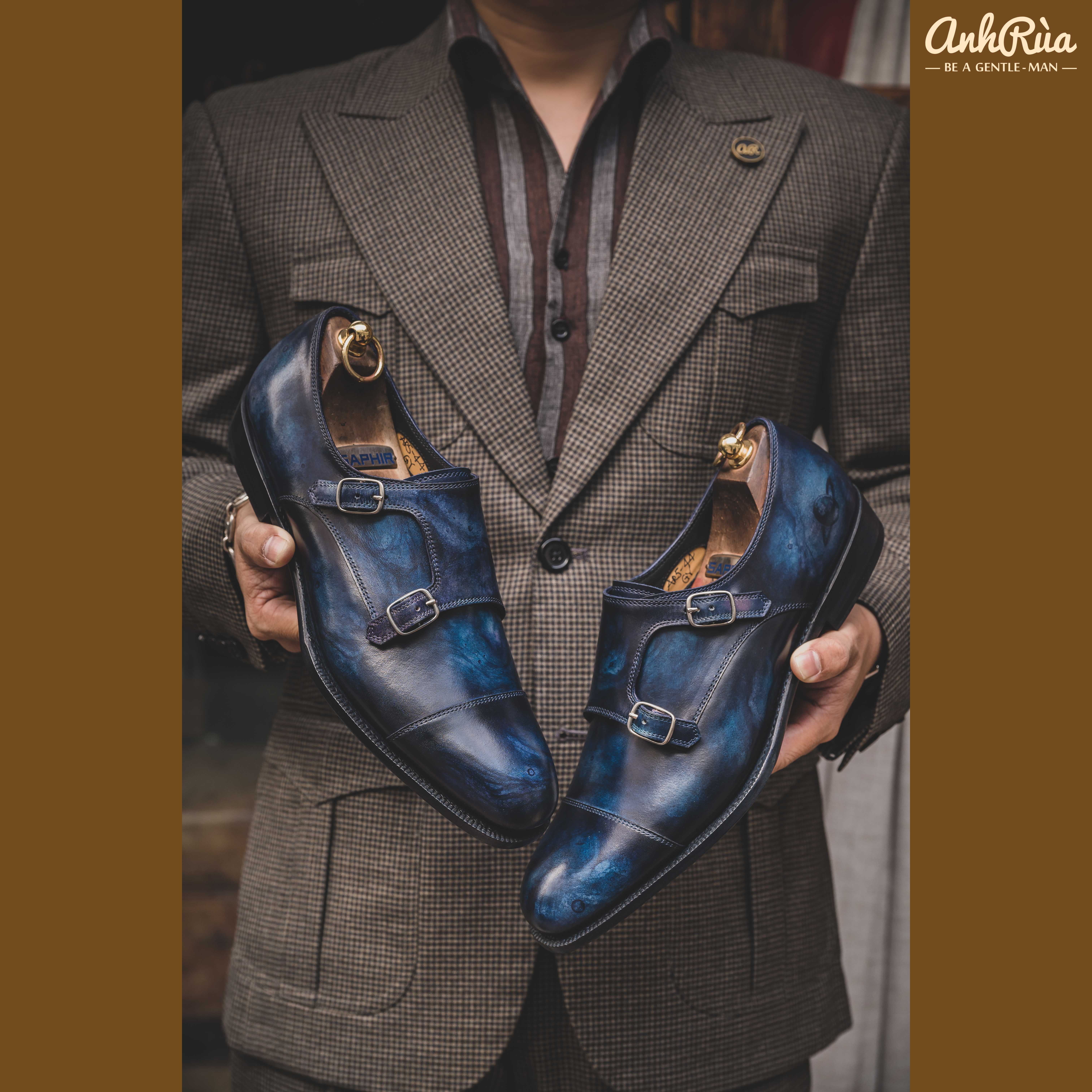 Giày Tây Nam Double Monkstrap Navy Galaxy Patina Anh Rùa