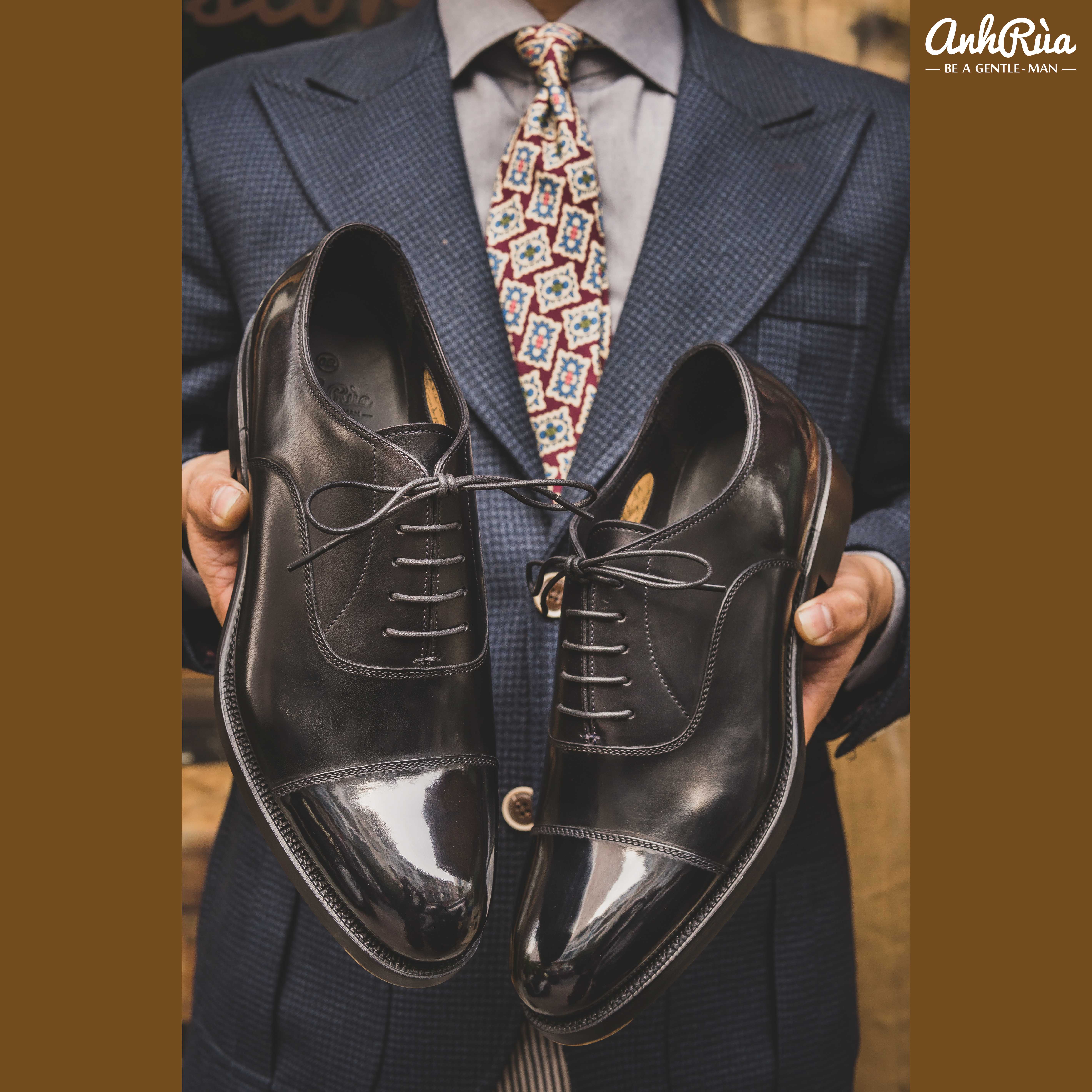 Giày Tây Nam Double Sole Cap Toe Oxfords Black Anh Rùa
