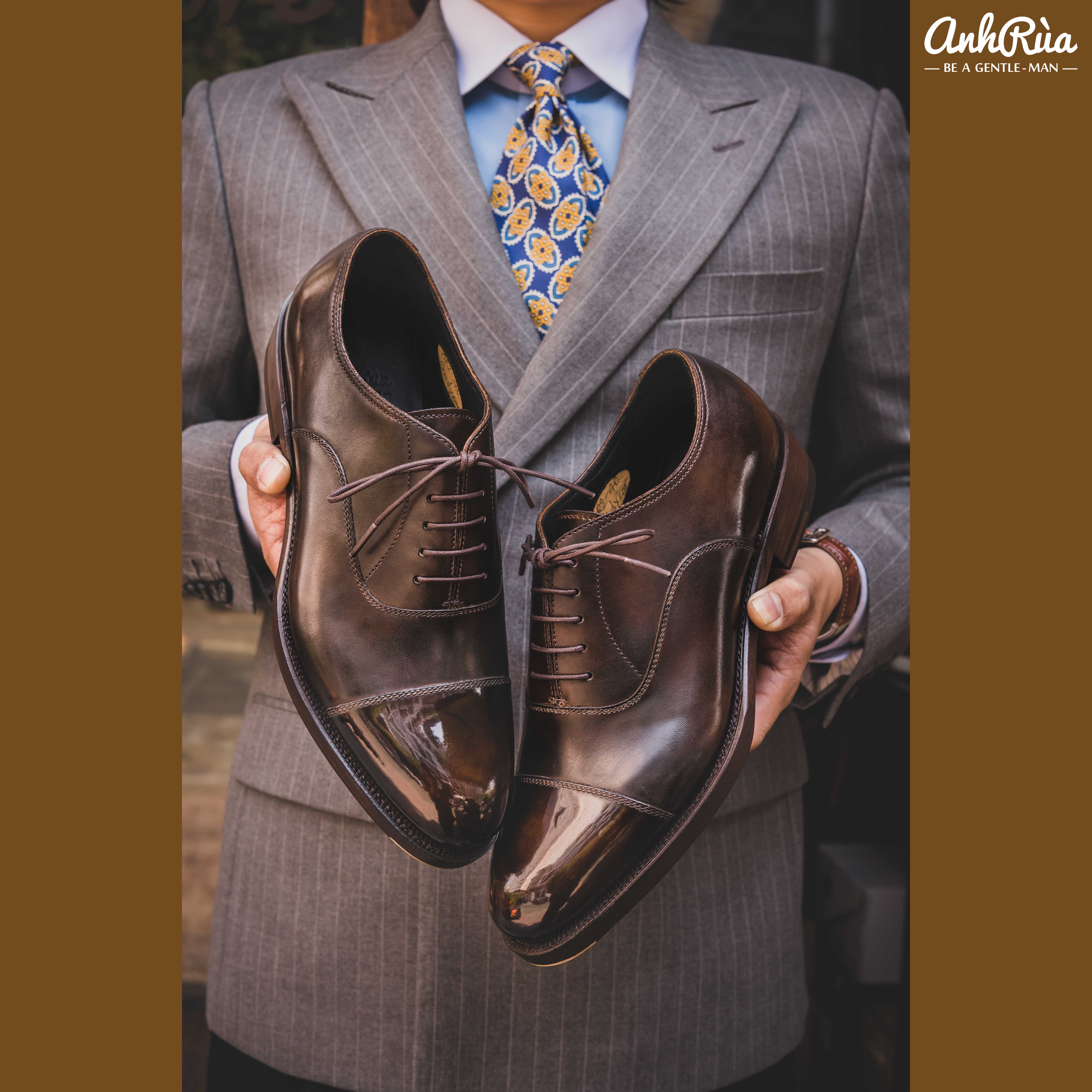 Giày Tây Nam Double Sole Cap Toe Oxfords Dark Brown Museum Patina Anh Rùa