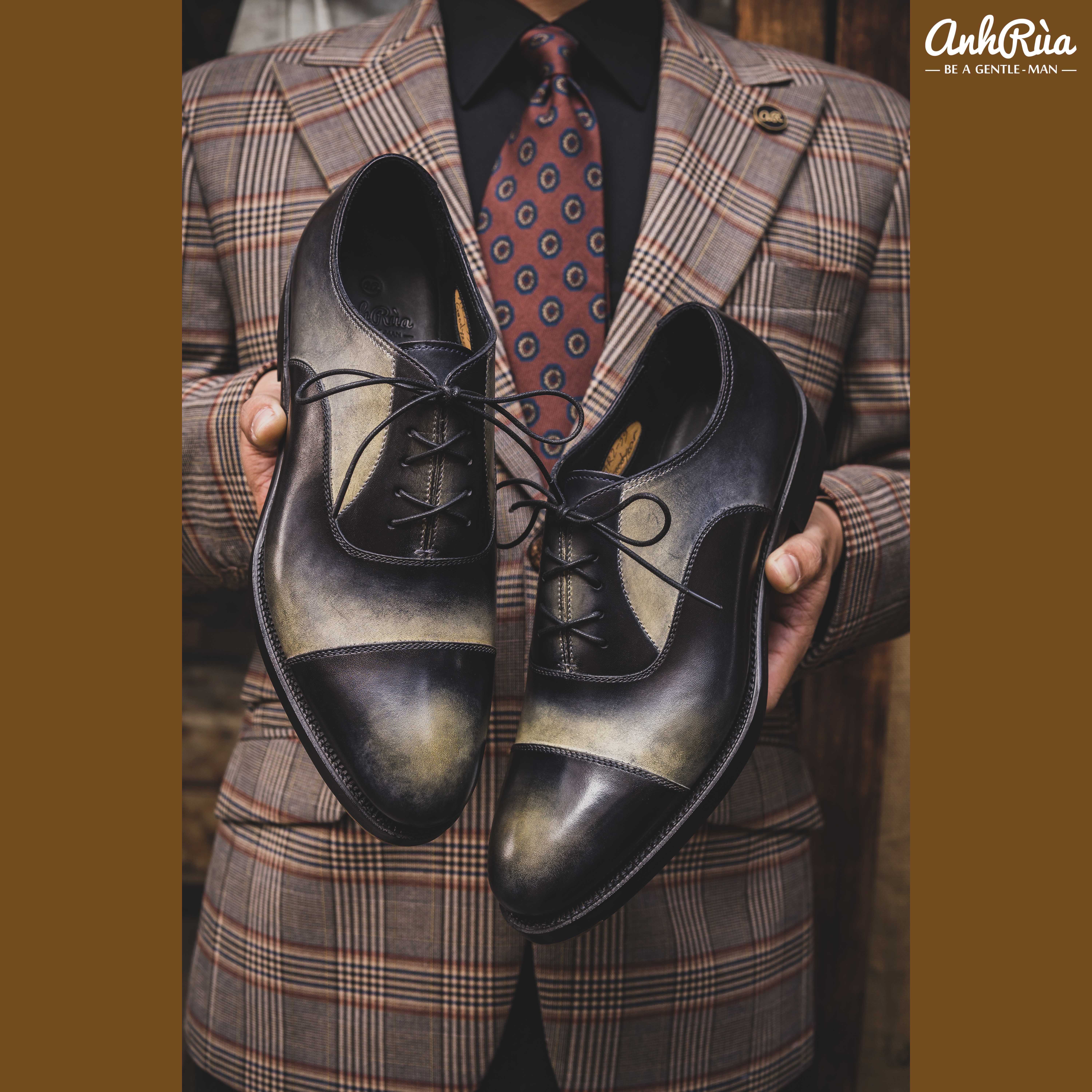 Giày Tây Nam Double Sole Cap Toe Oxfords Grey Shaded Patina Anh Rùa