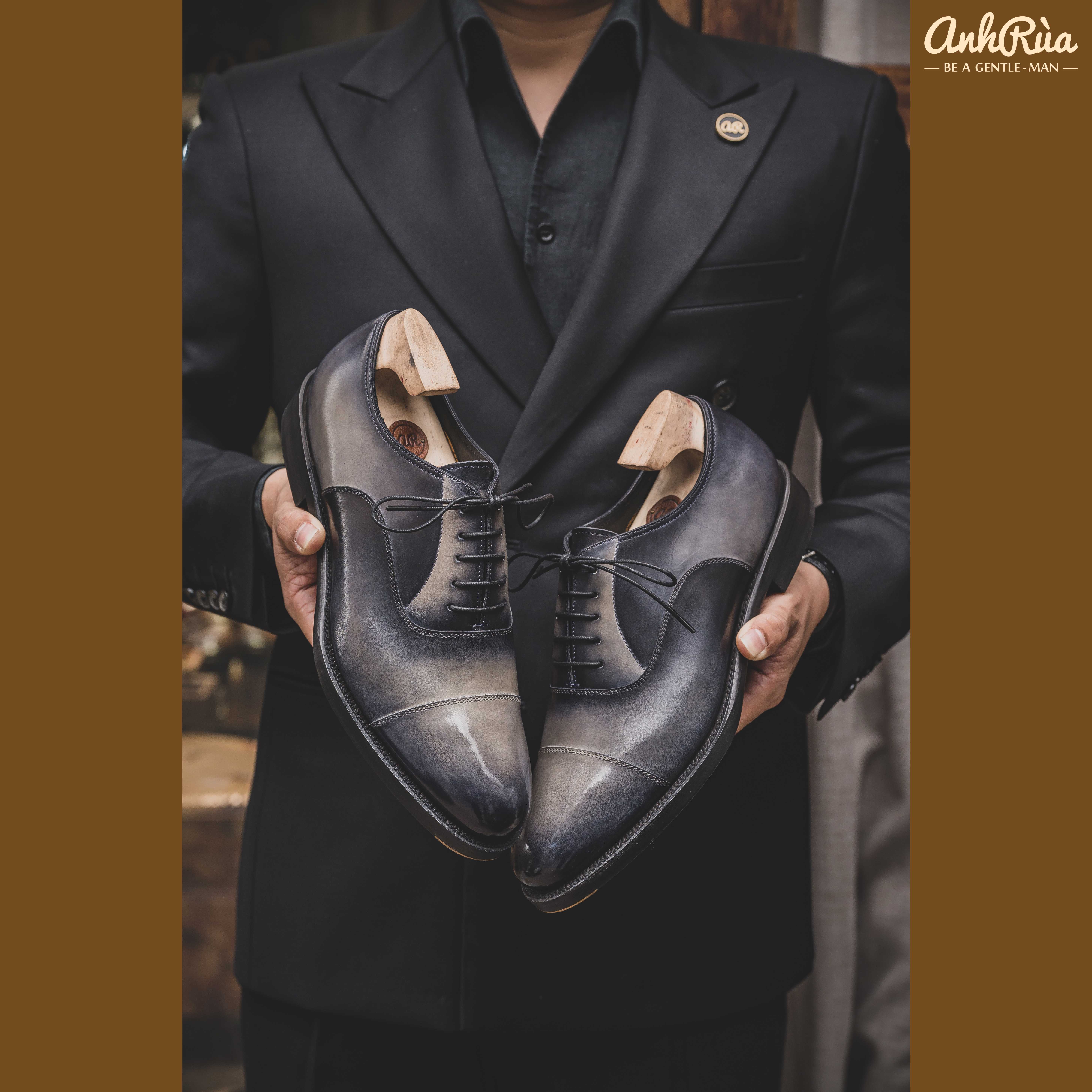 Giày Tây Nam Double Sole Cap Toe Oxfords Black Grey Shaded Patina Anh Rùa