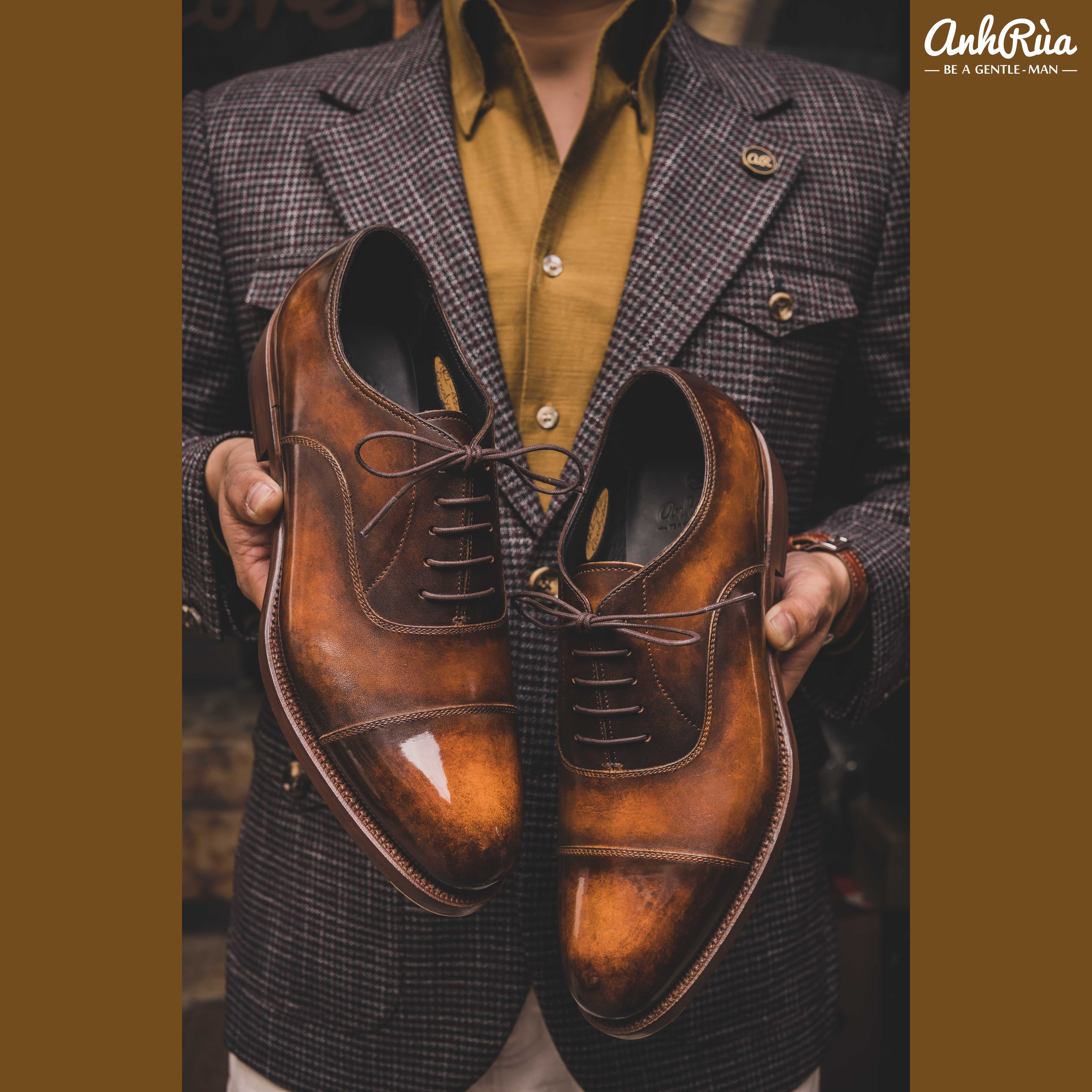 Giày Tây Nam Double Sole Cap Toe Oxfords Light Brown Shaded Marble Patina Anh Rùa