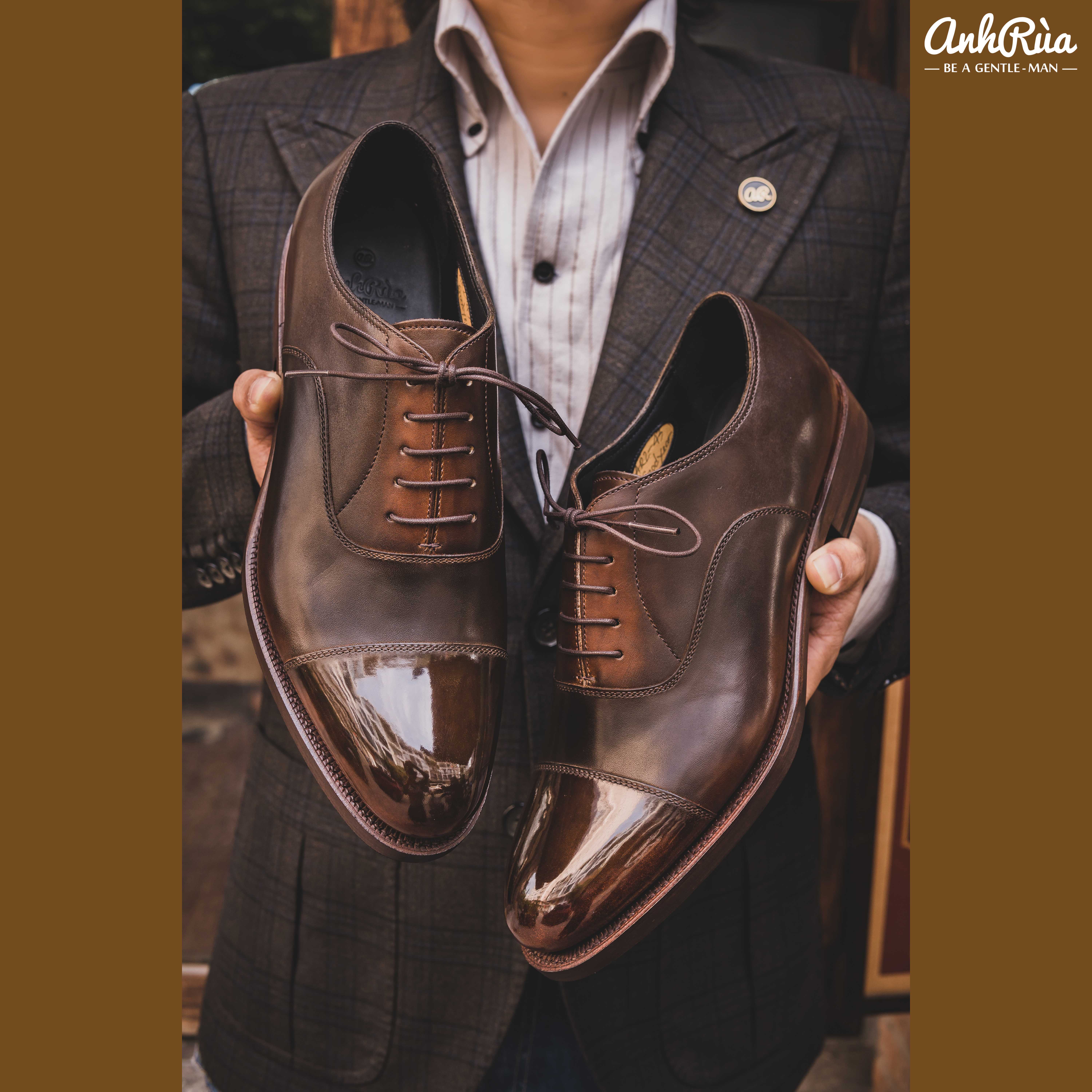 Giày Tây Nam Double Sole Cap Toe Oxfords Light Brown Shaded Patina Anh Rùa