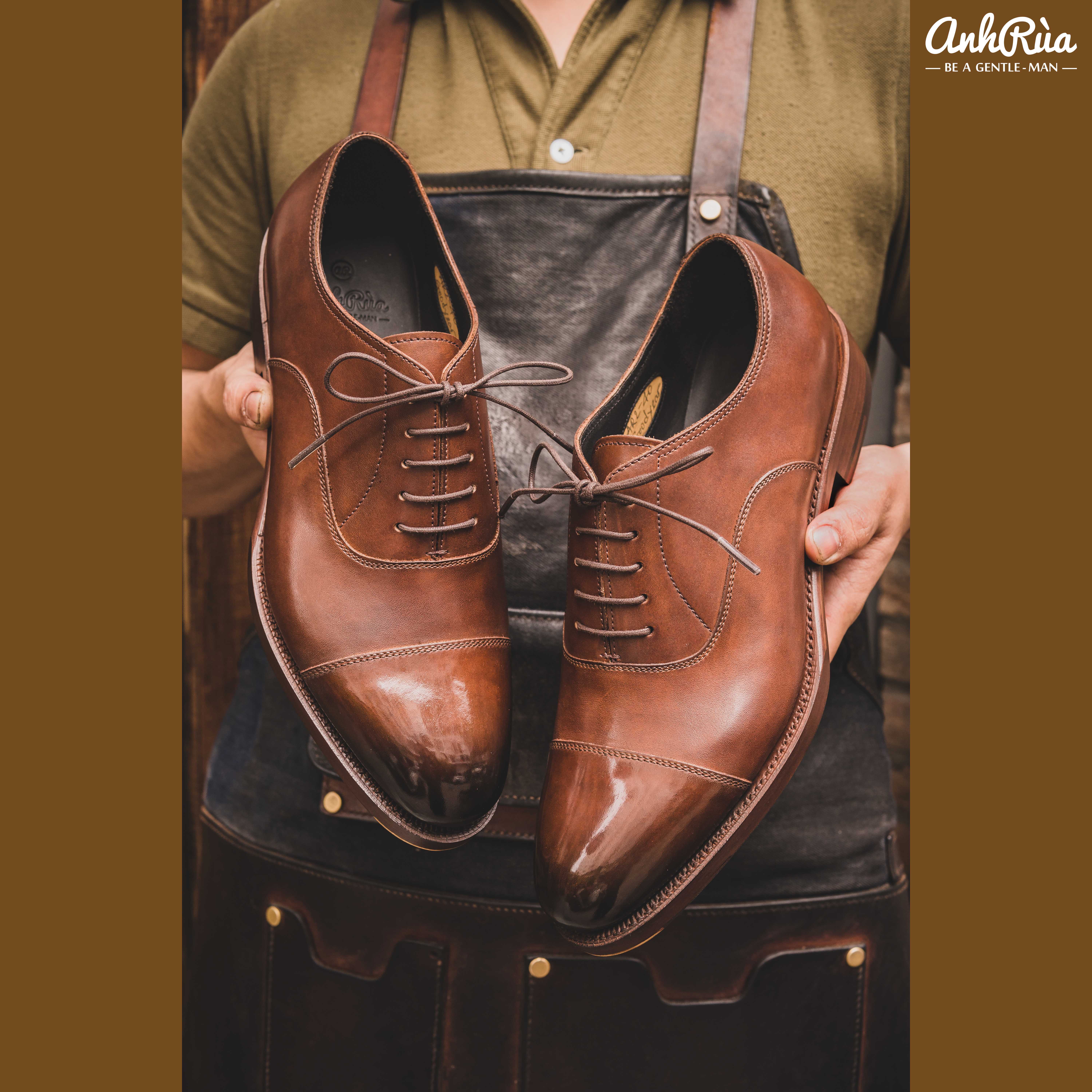 Giày Tây Nam Double Sole Cap Toe Oxfords Medium Brown Deep-Shaded Patina Anh Rùa