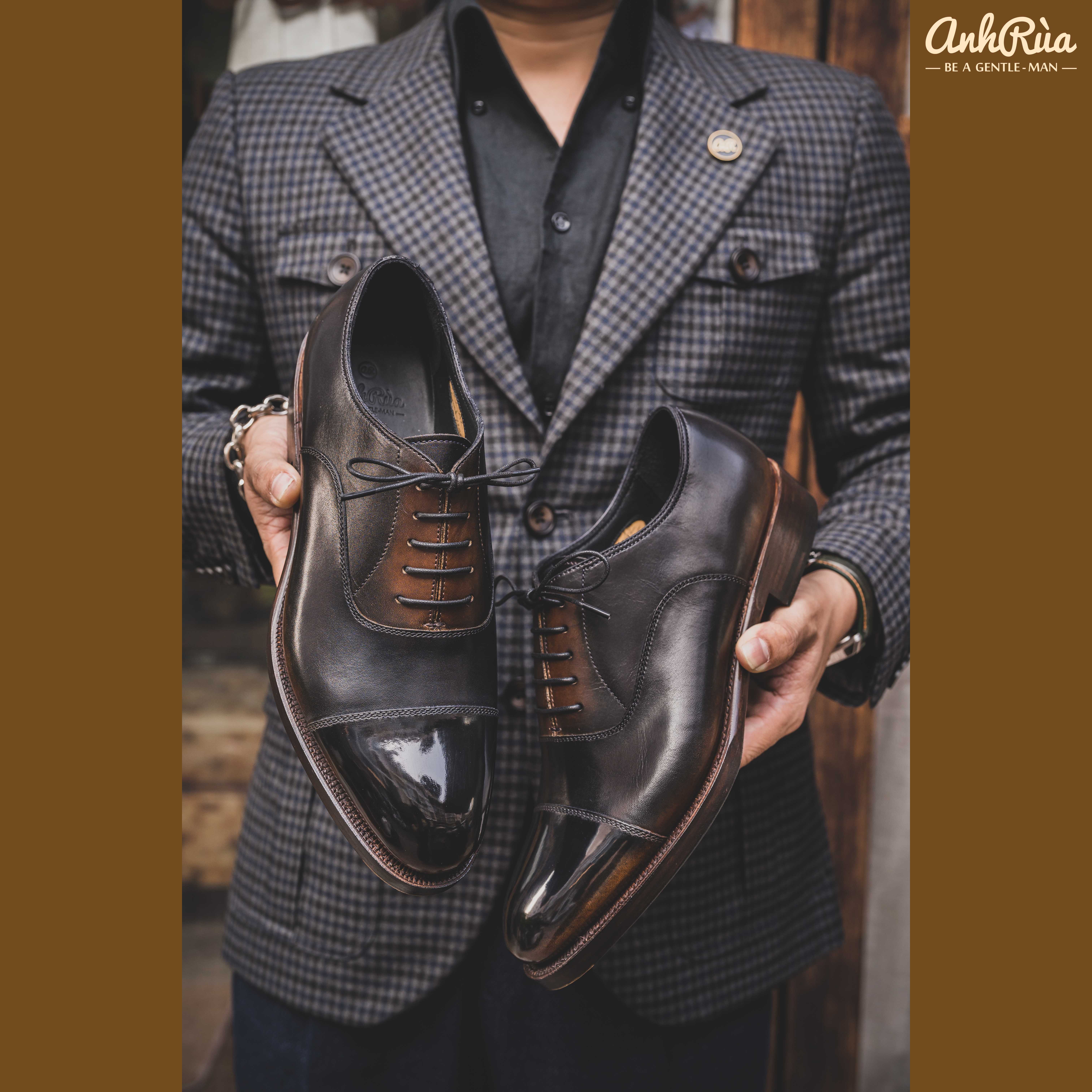 Giày Tây Nam Double Sole Cap Toe Oxfords Medium Brown Shaded Patina Anh Rùa