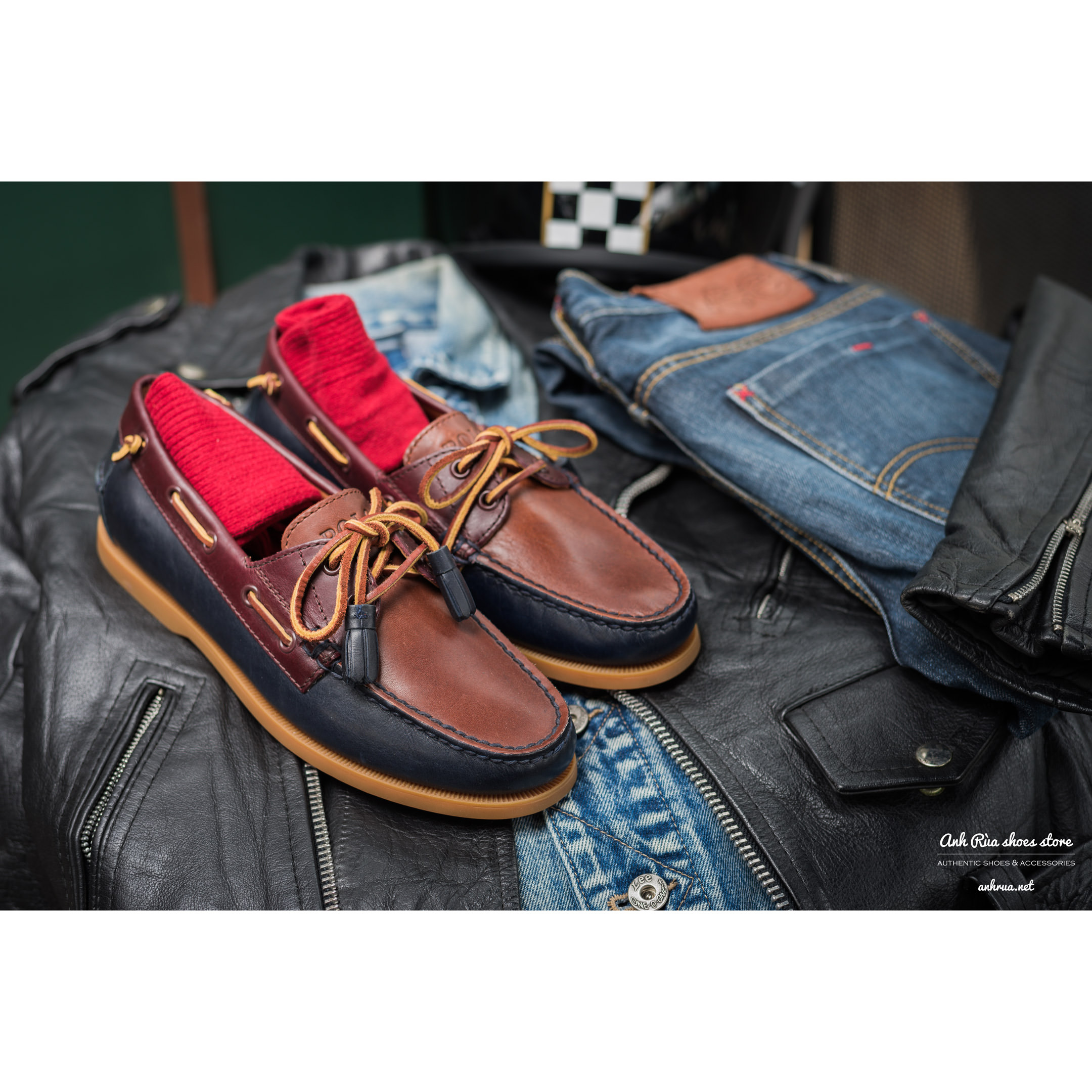 Giày Thuyền Nam Navy Brown Boat Shoes Polo Ralph Lauren